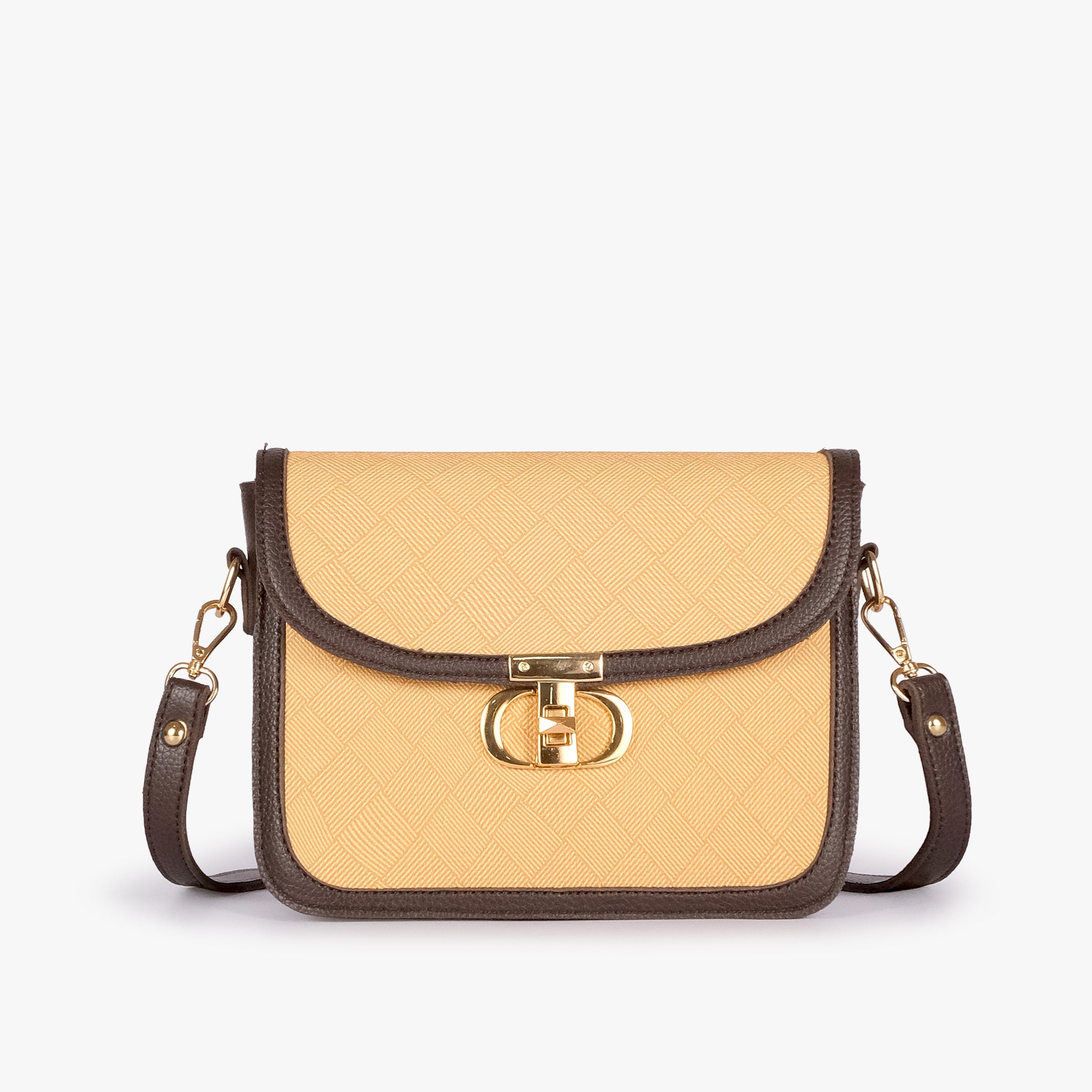 Beige contrast cross-body bag — front straight-on with espresso strap horizontal across amber panel