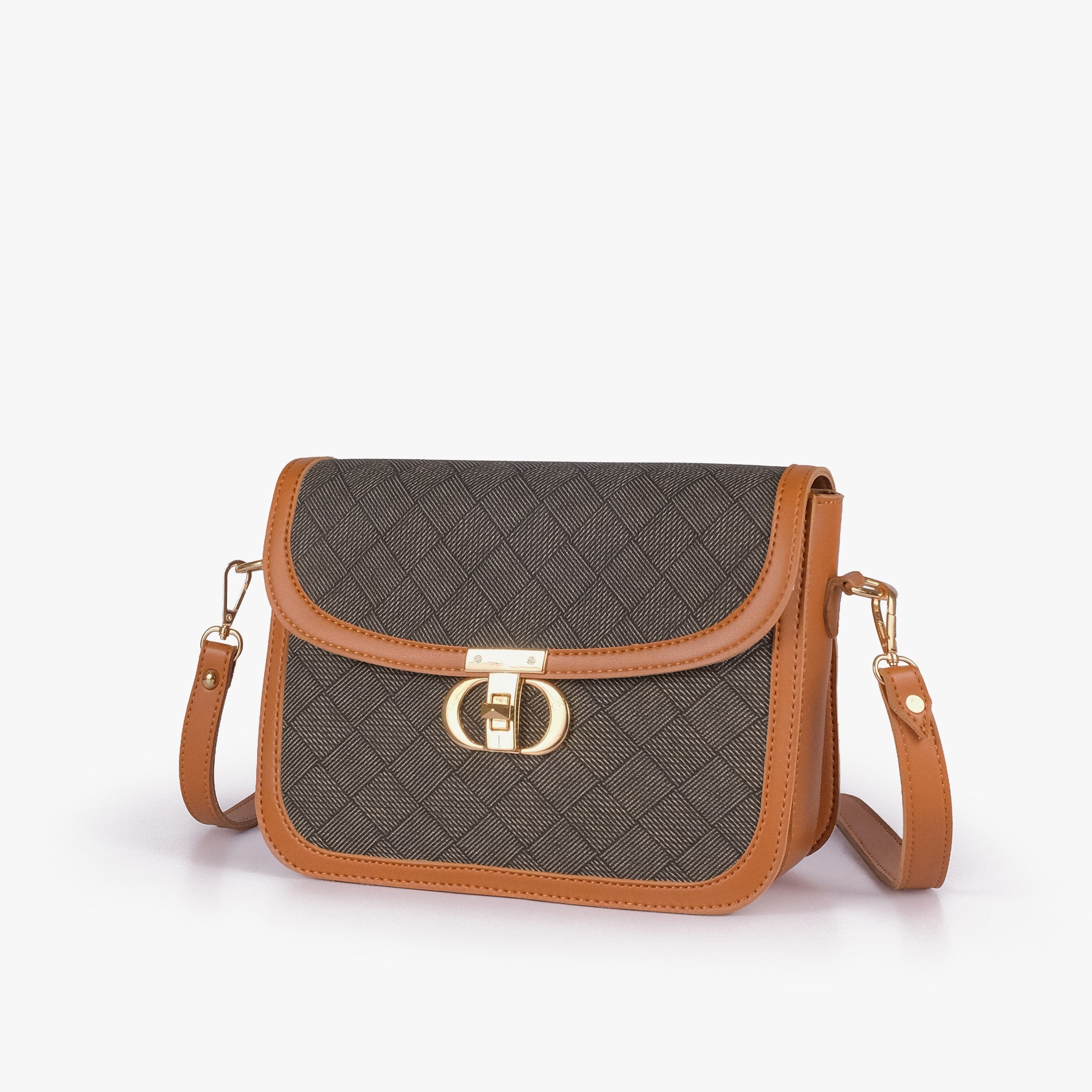 Camel contrast cross-body bag — hero 3/4 view, dark olive box-texture panel, camel pebbled trim, gold CD twist-lock rockstud and adjustable strap