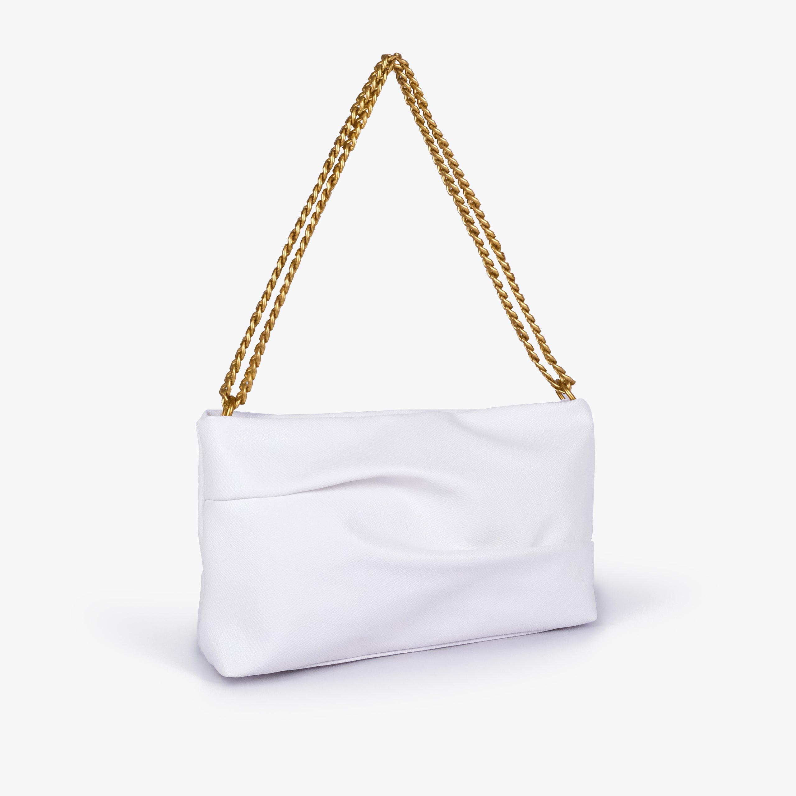 White pleated clutch bag with chain — three-quarter view showing the slim rectangular silhouette, pleated panel and gold-tone chain, bright white