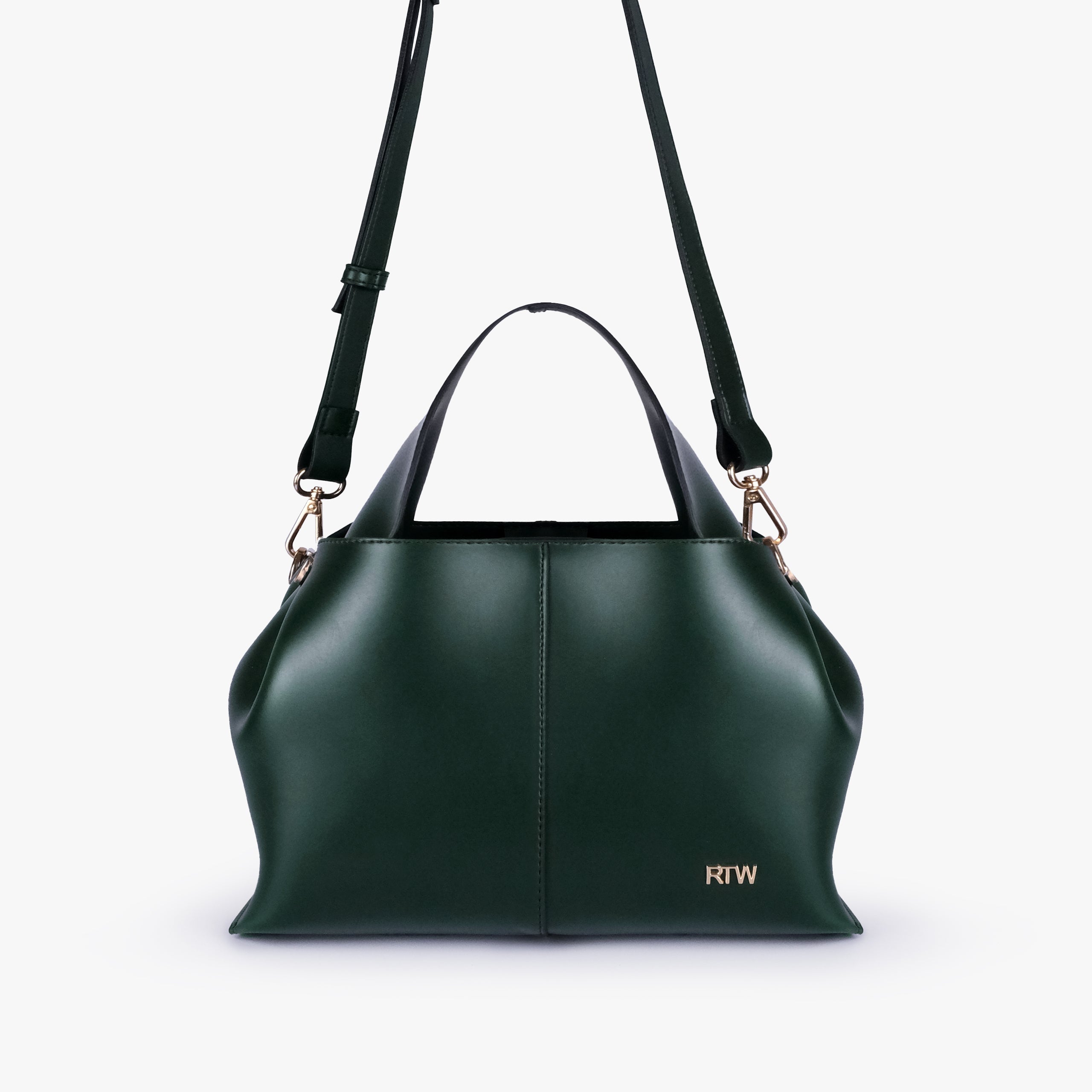 Front view of Army green draped mini tote with detachable shoulder strap