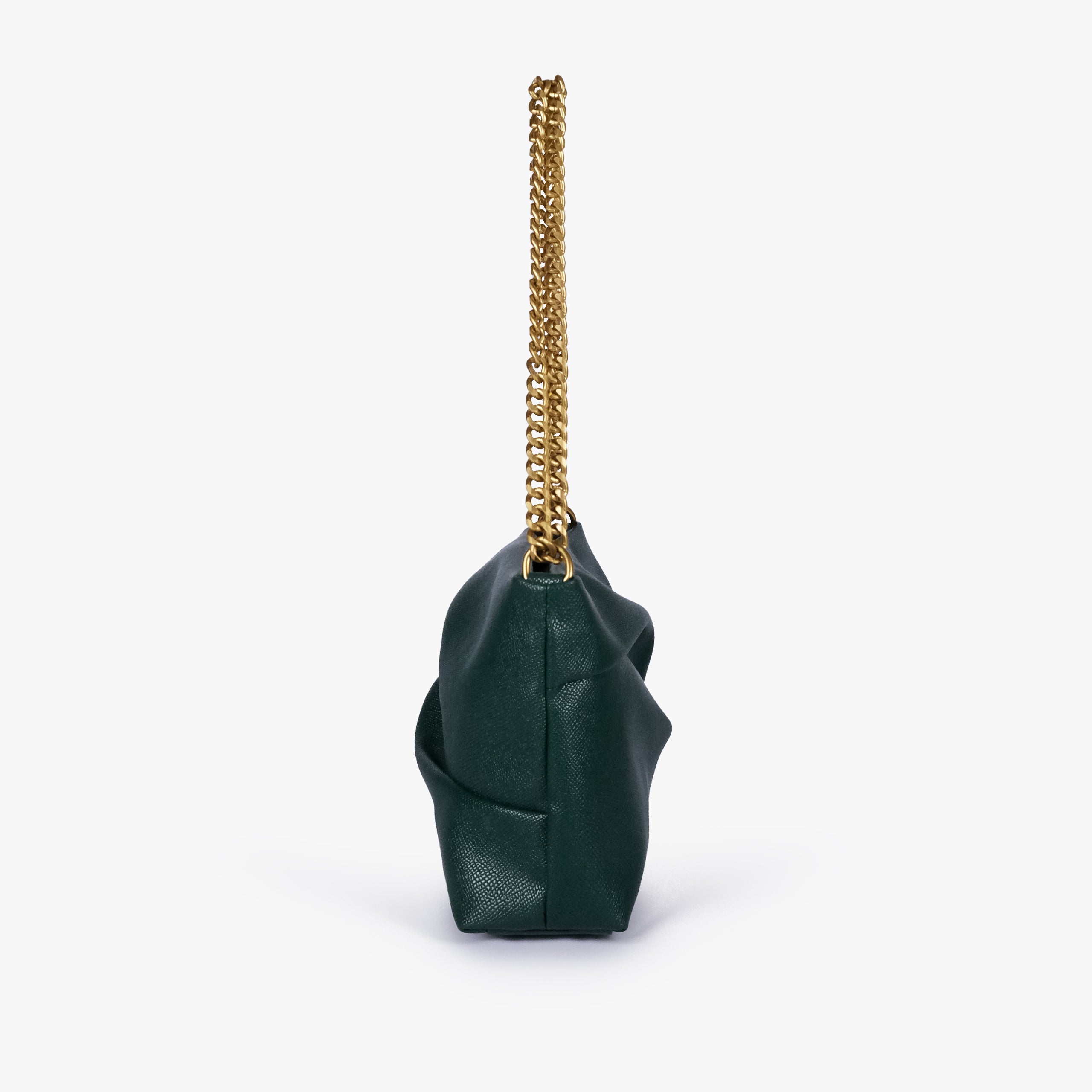 Green pleated clutch bag with chain — side profile showing the narrow gusset, chain attachment and folded panel construction, deep bottle green