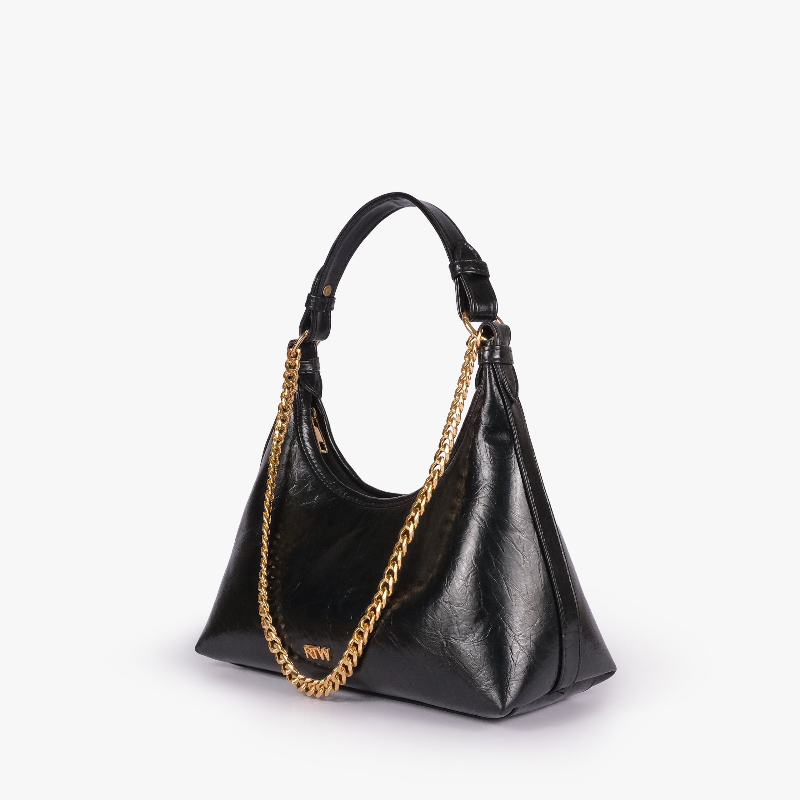Black crinkle crescent hobo — 3/4 view showing the curved hobo silhouette, shoulder handle, and front chain detail