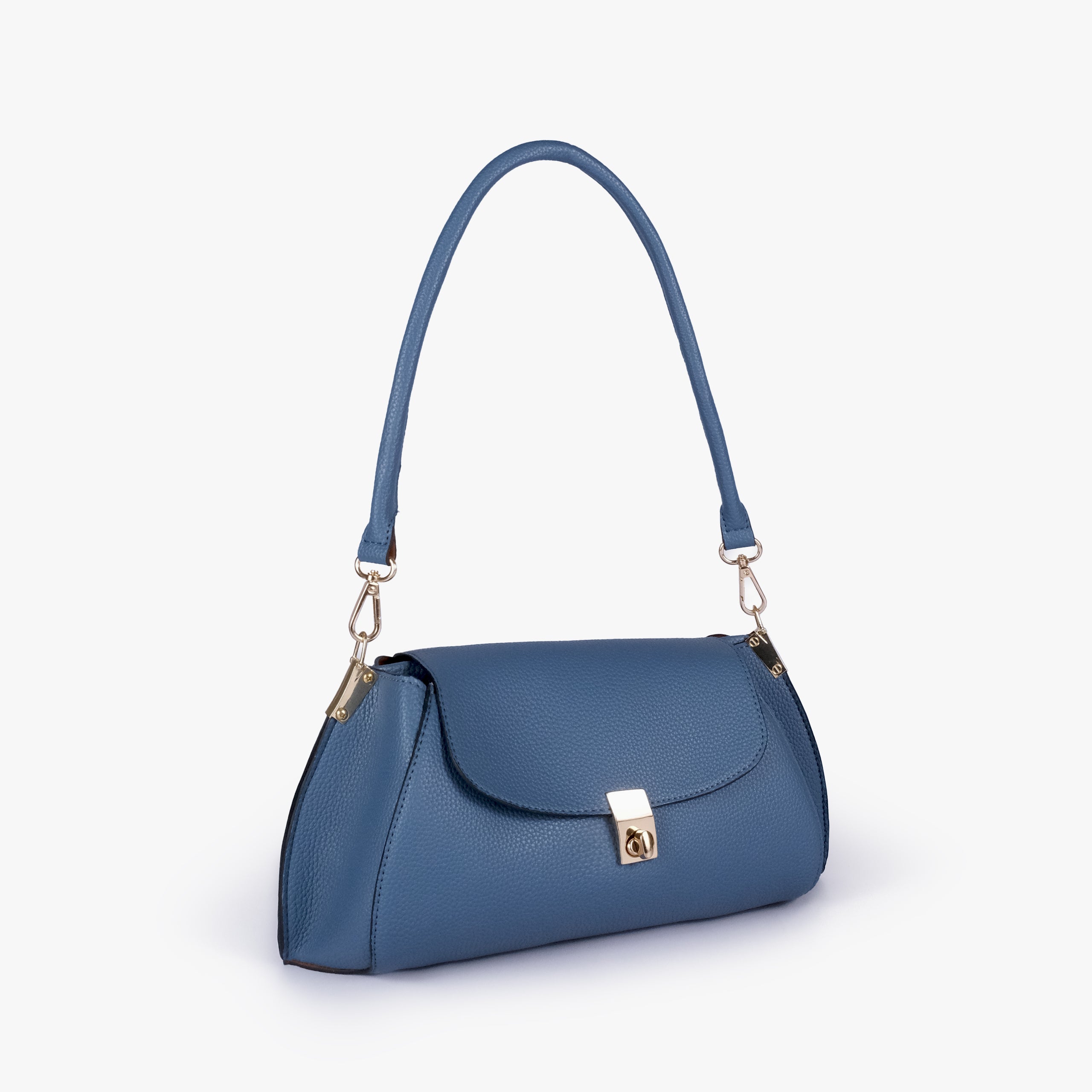 Blue pebble baguette bag in three-quarter view