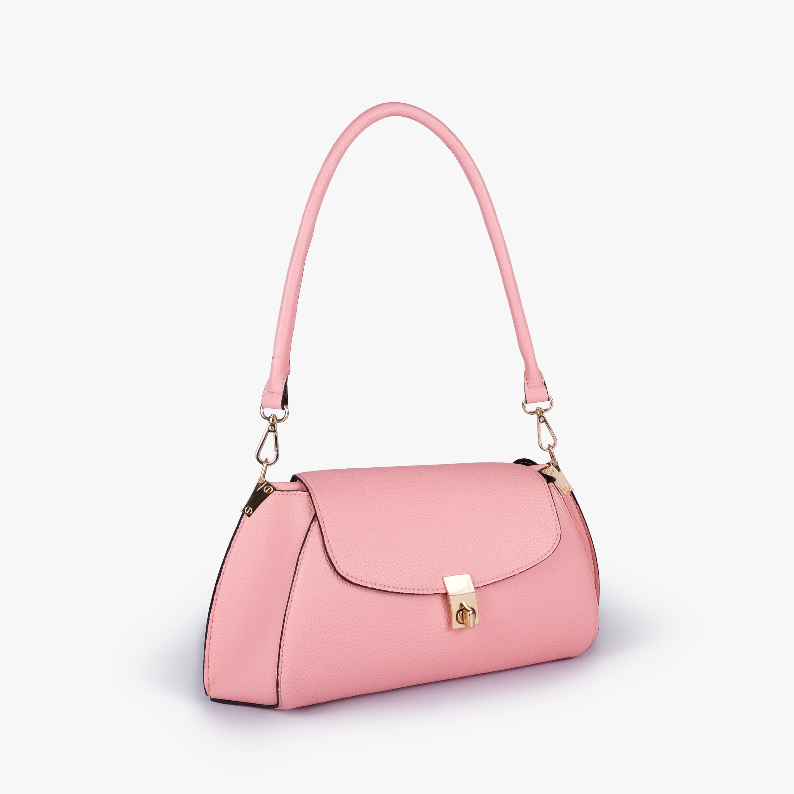 Blush pink pebble baguette bag in three-quarter view