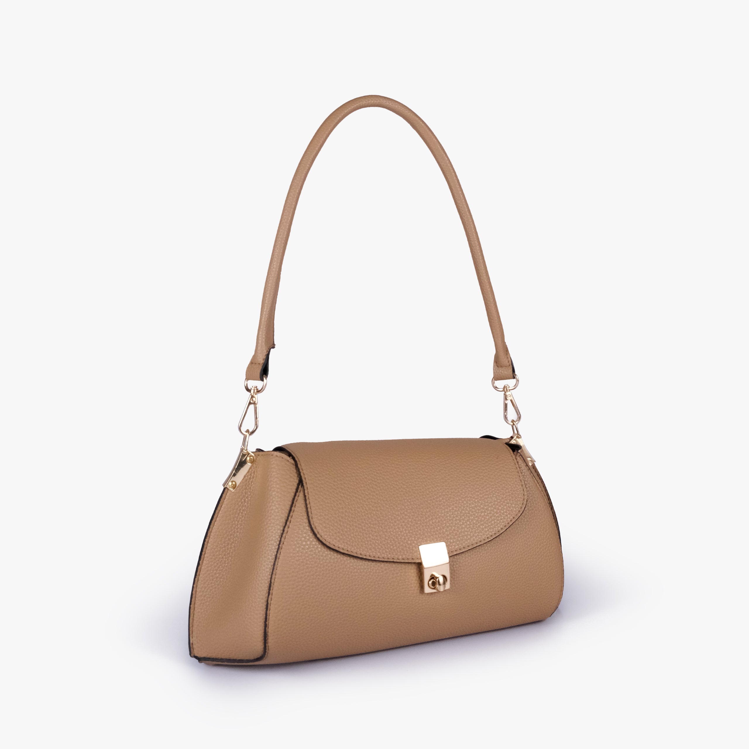 Coffee pebble baguette bag in three-quarter view