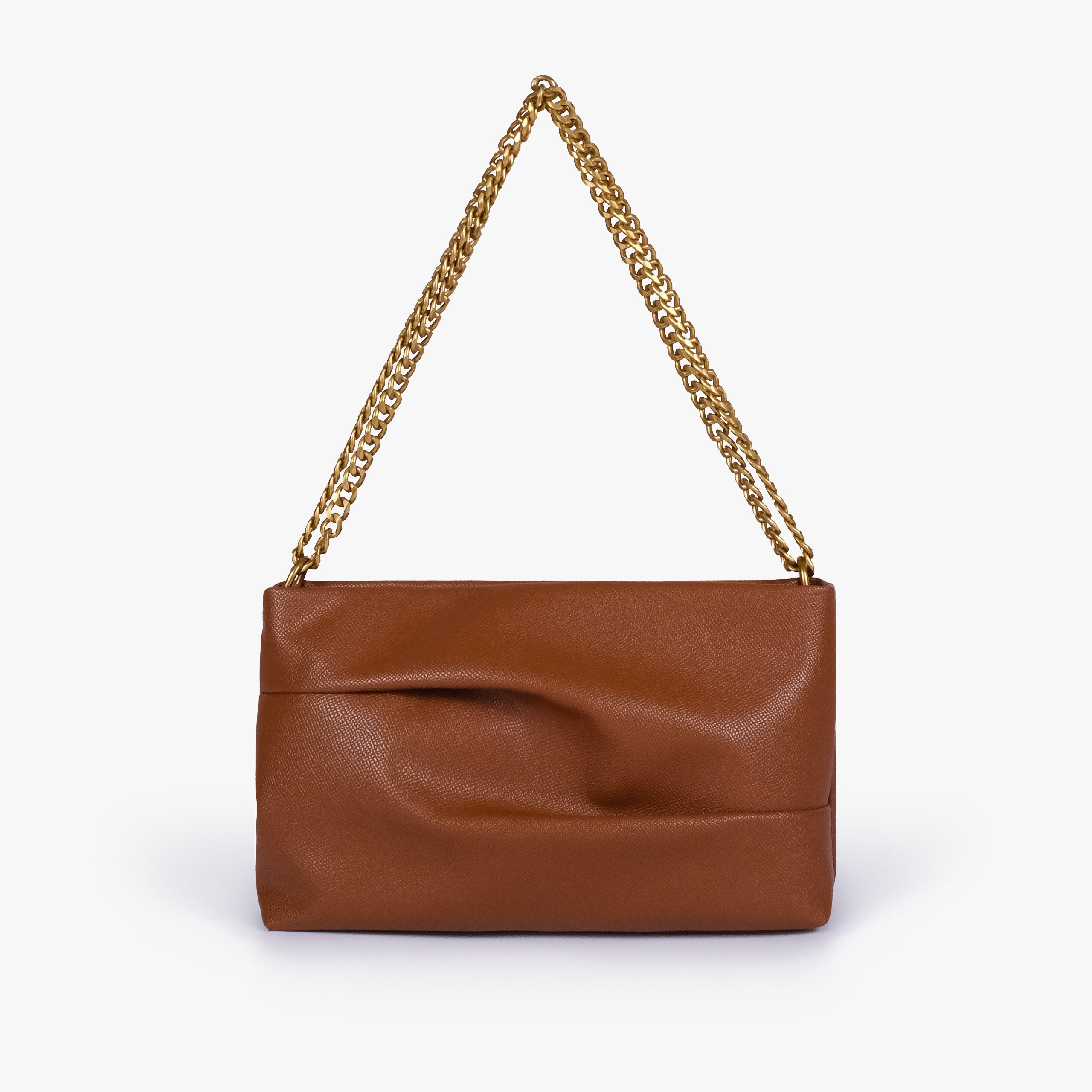 Horse brown pleated clutch bag with chain — straight-on front view showing the sculpted pleats, top edge and gold-tone chain shoulder carry, warm cognac brown