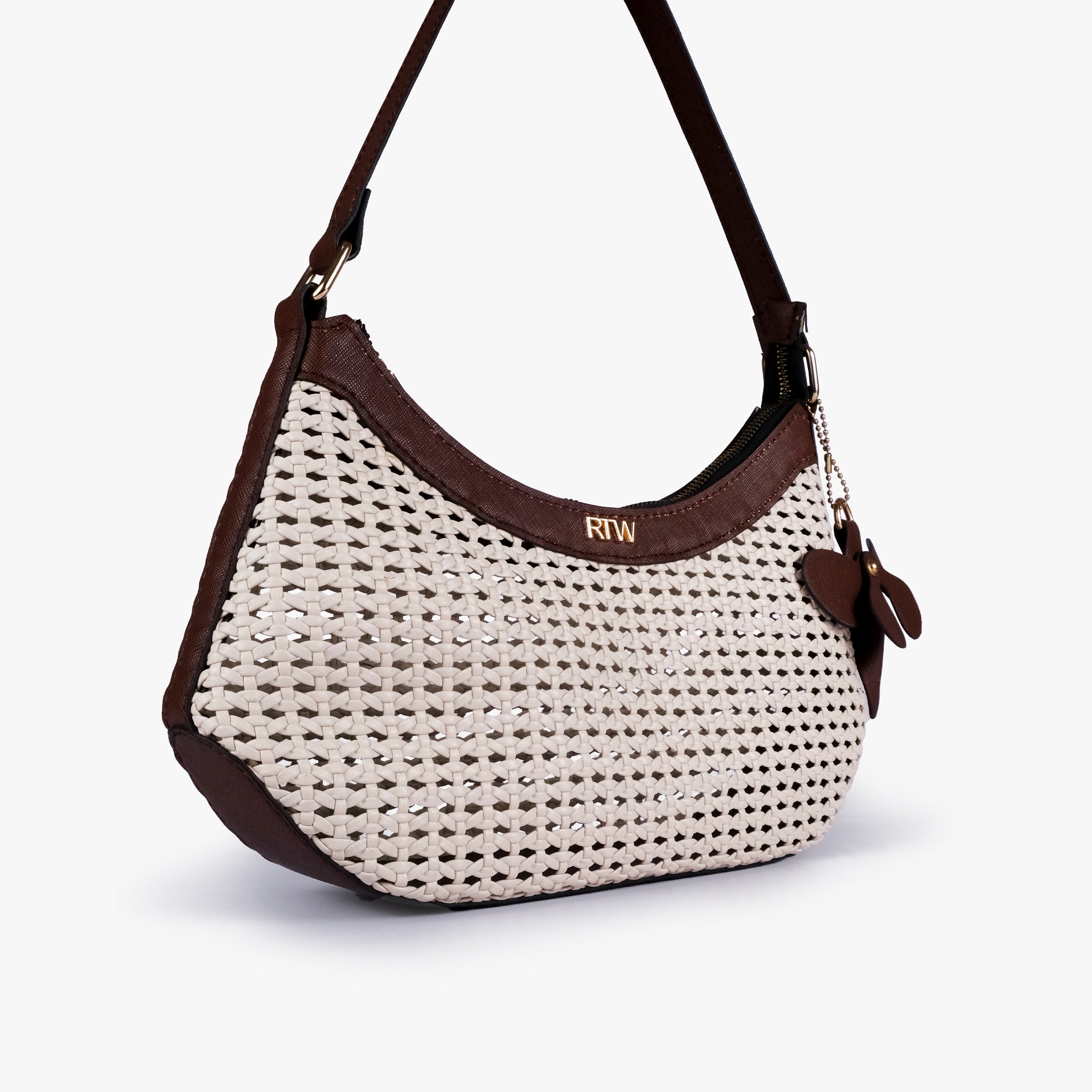 Mocha woven shoulder bag in angled hero view