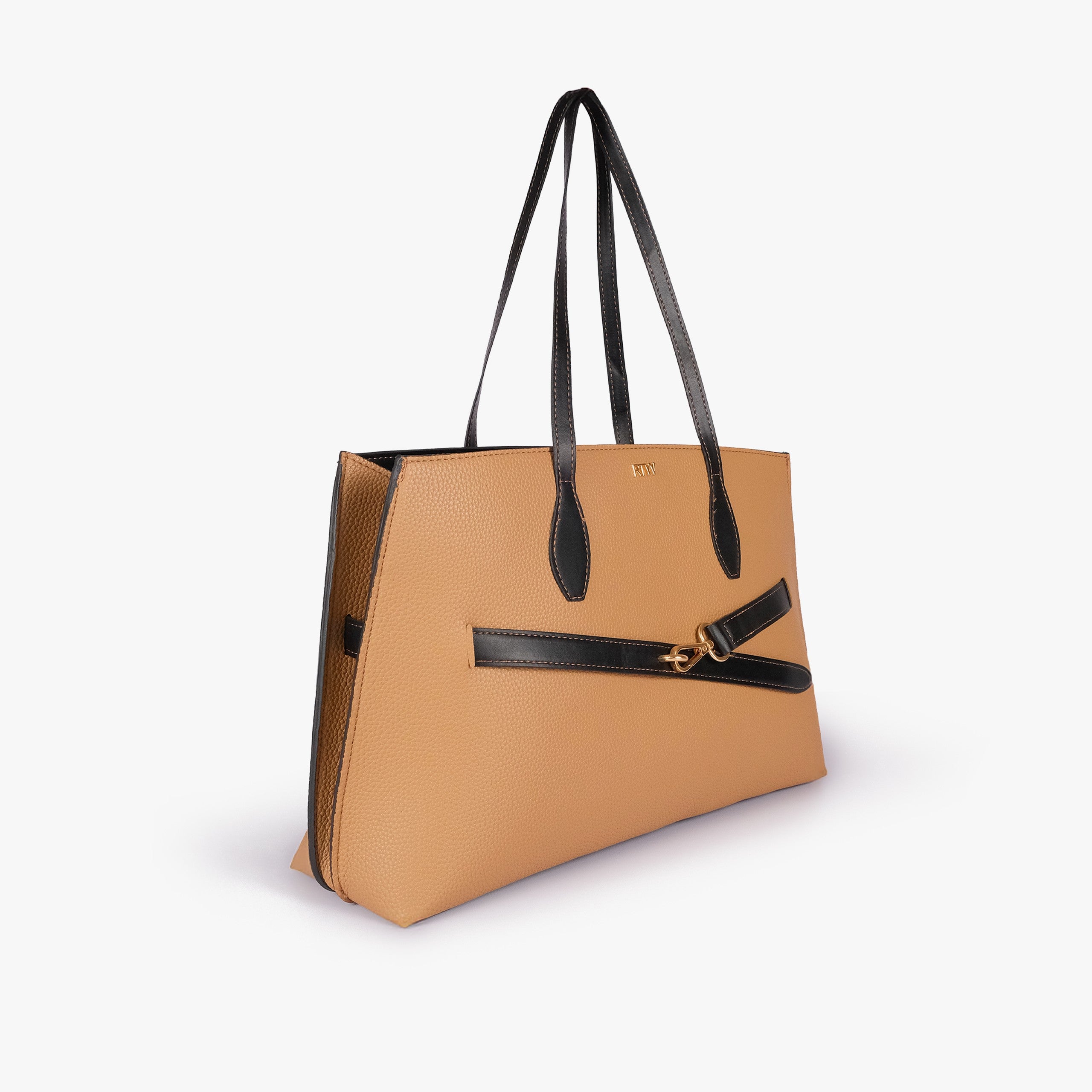 Warm camel pebbled tote with black smooth handles and decorative front belt strap — hero 3/4 view, gold doglock buckle, mini RTW logo at top center