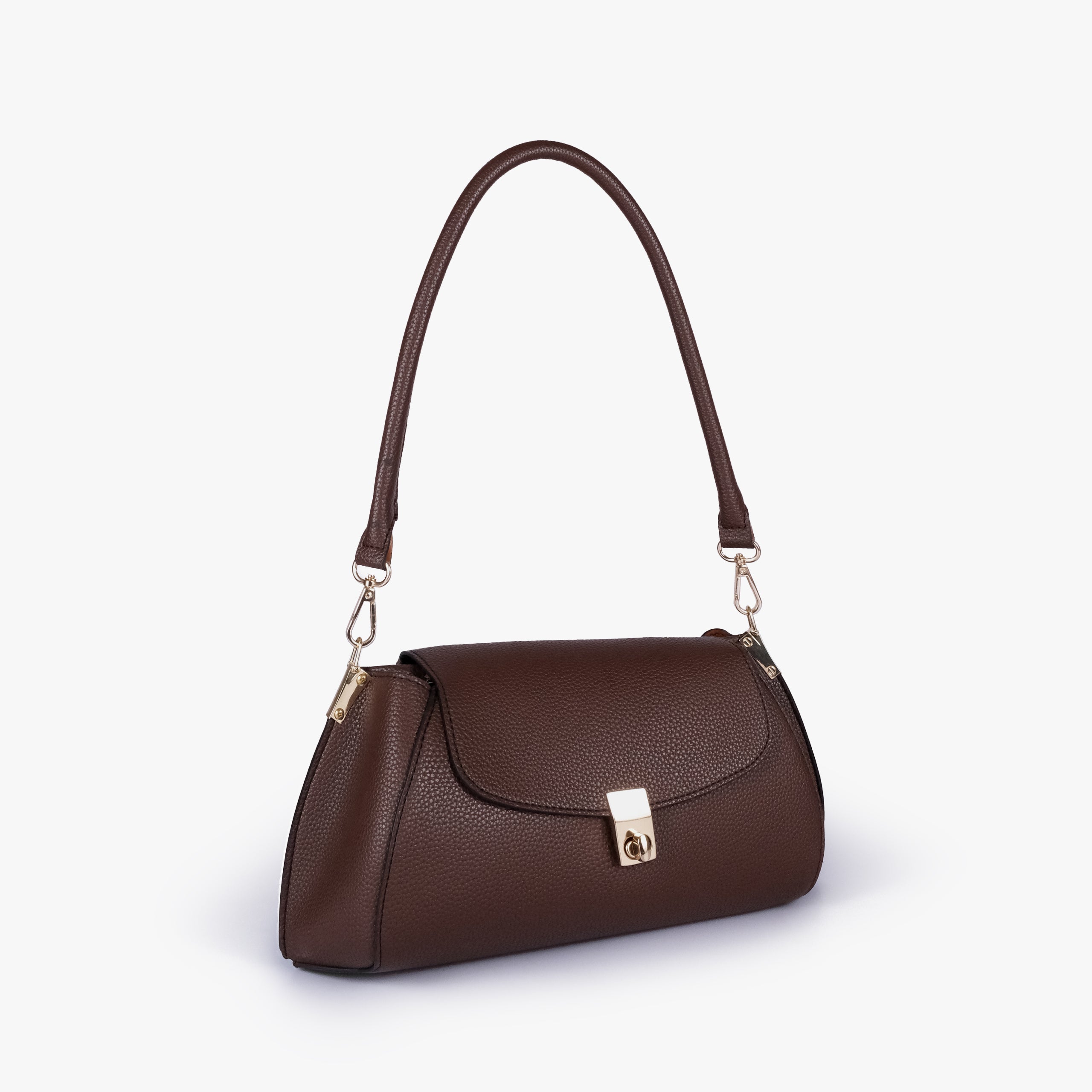 Dark brown pebble baguette bag in three-quarter view