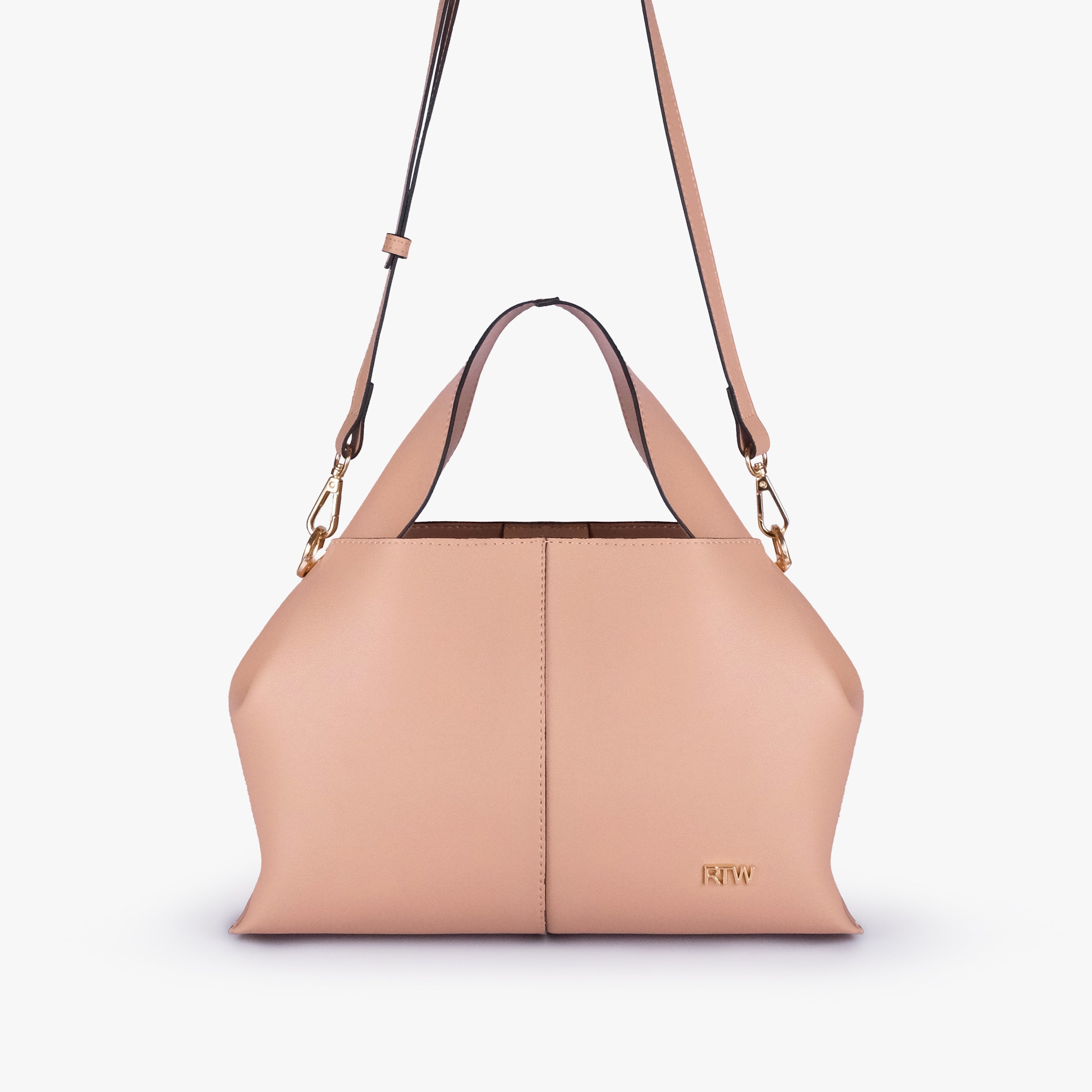 Front view of Peach draped mini tote with detachable shoulder strap