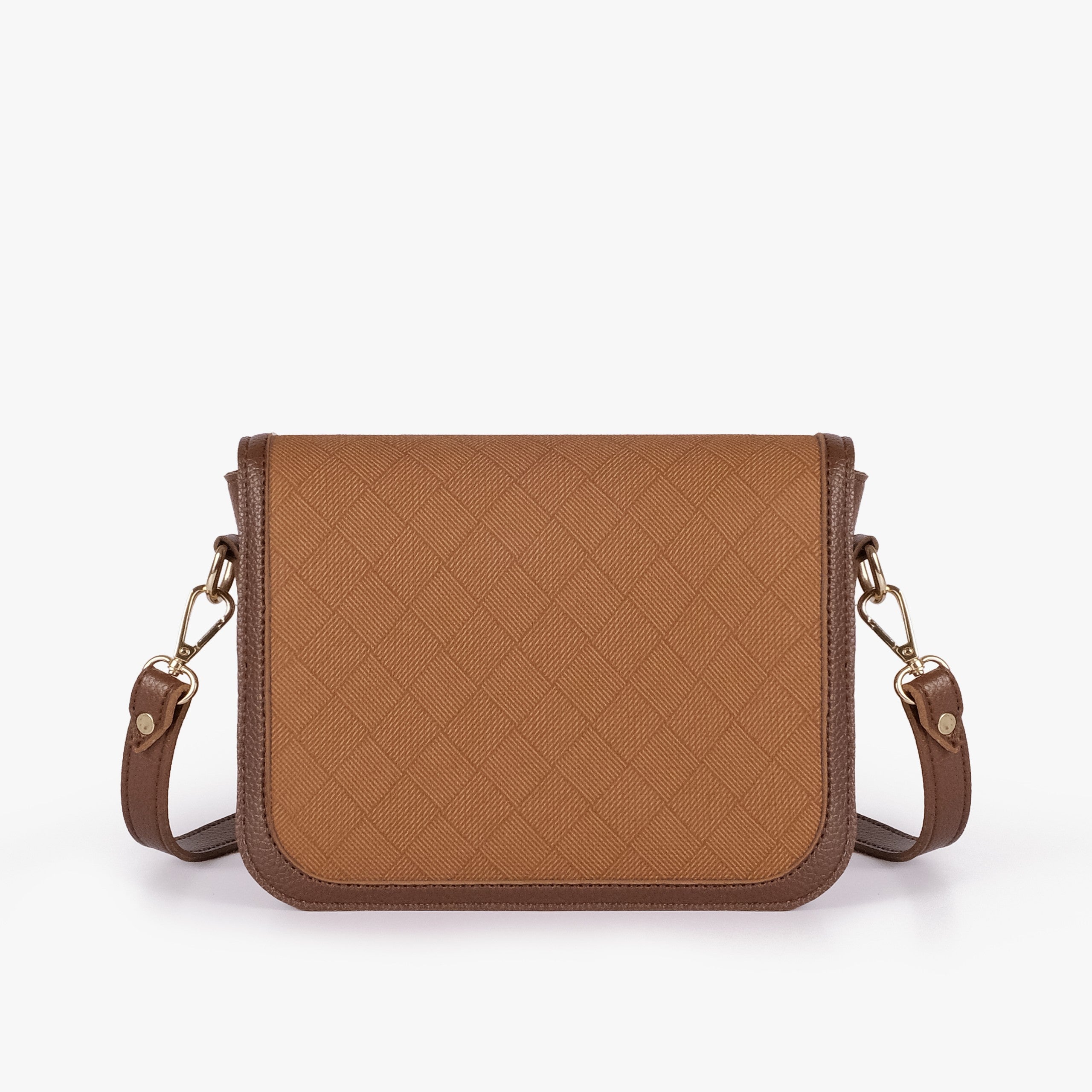 Tan contrast cross-body bag — back view showing warm amber box-texture panel framed by deep chocolate pebbled trim