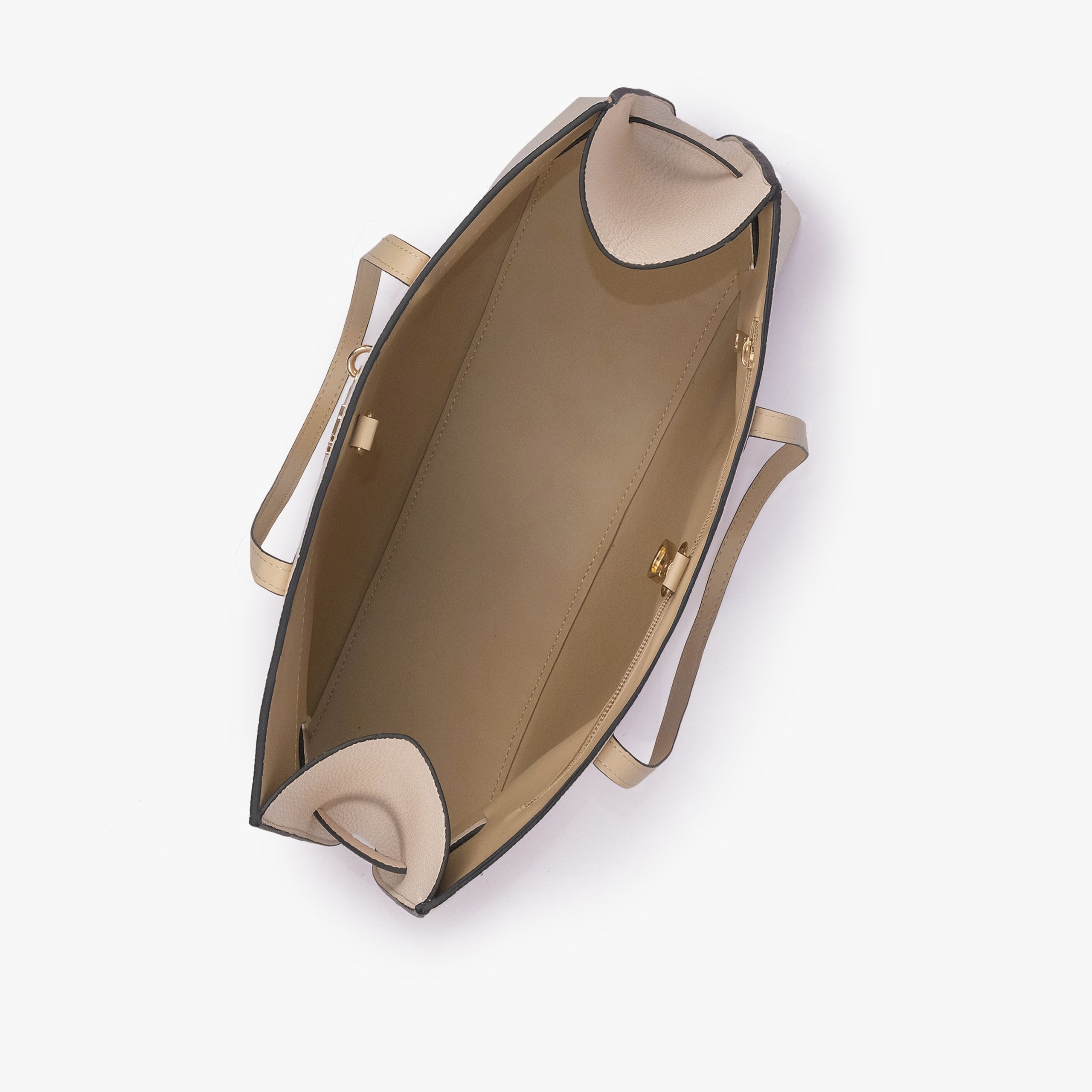 Off-white cream Monday Tote — interior top-down view showing smooth tan lining, cream wing-cut corner folds, back-wall zipper with gold runner