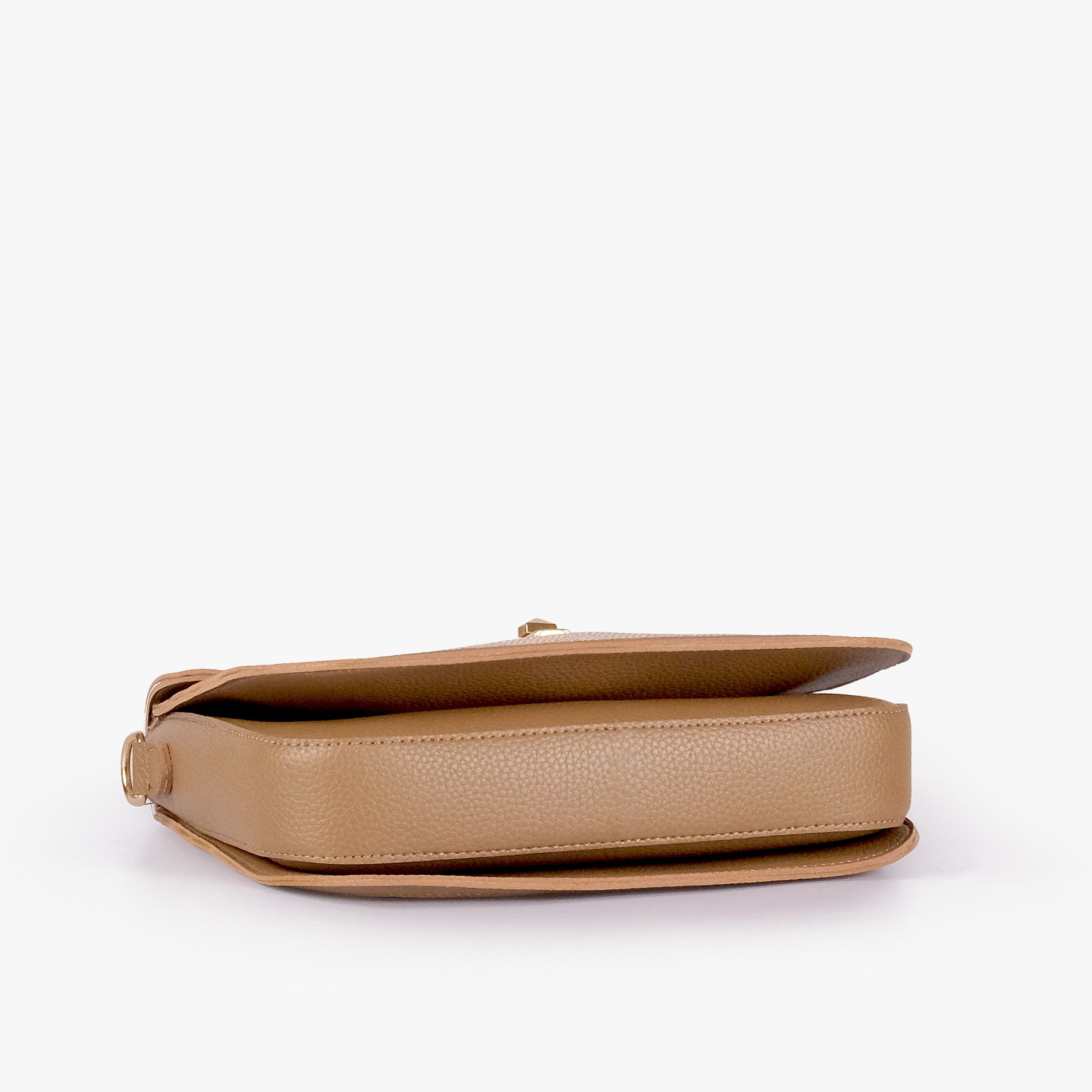 Wheat contrast cross-body bag — tilted underside flat lay showing flap edge and bag depth
