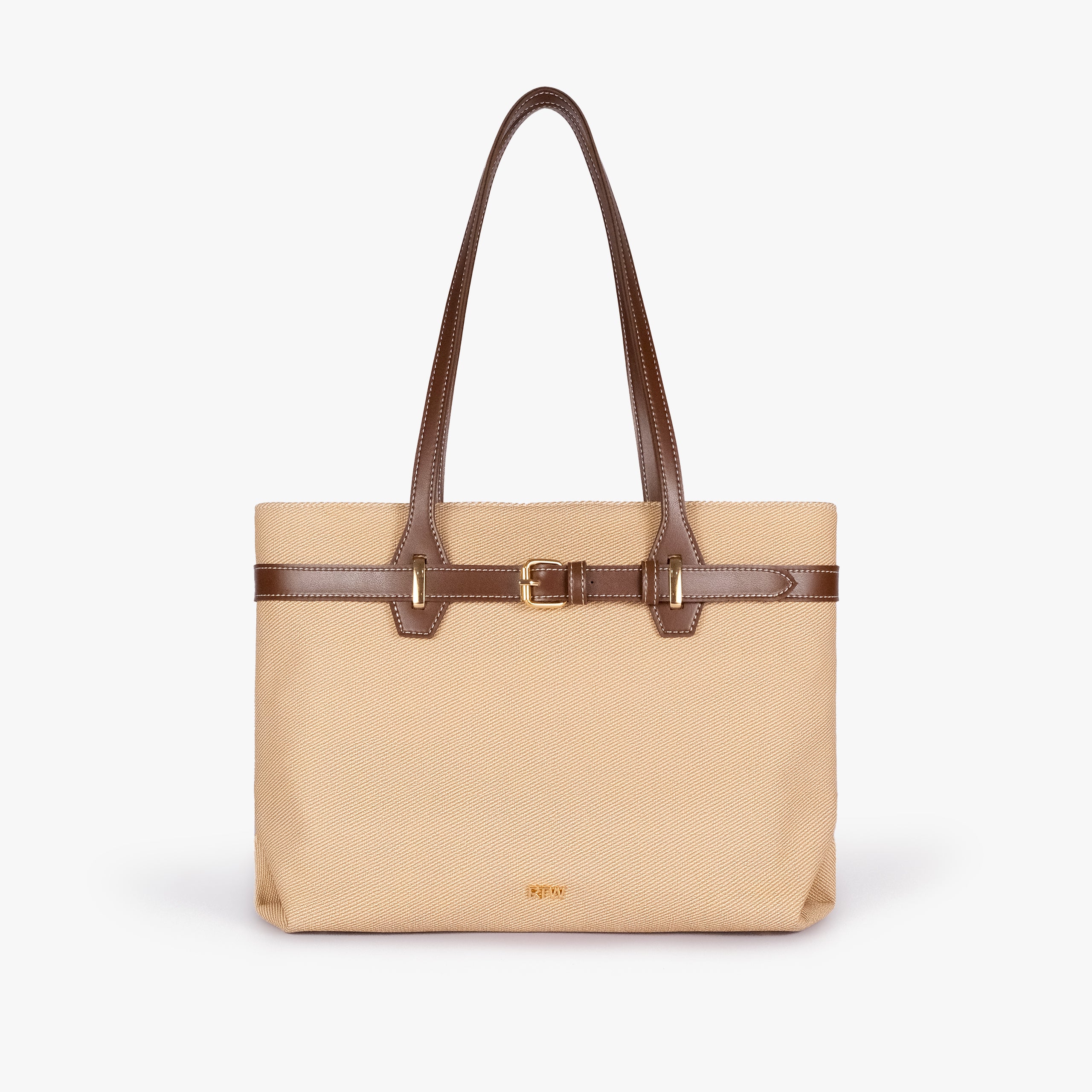 Brown belted tote bag — straight-on front view showing the horizontal belt detail, gold-tone buckle, RTW logo plaque, and textured body panel, cream-tan textured body with brown smooth faux-leather trim