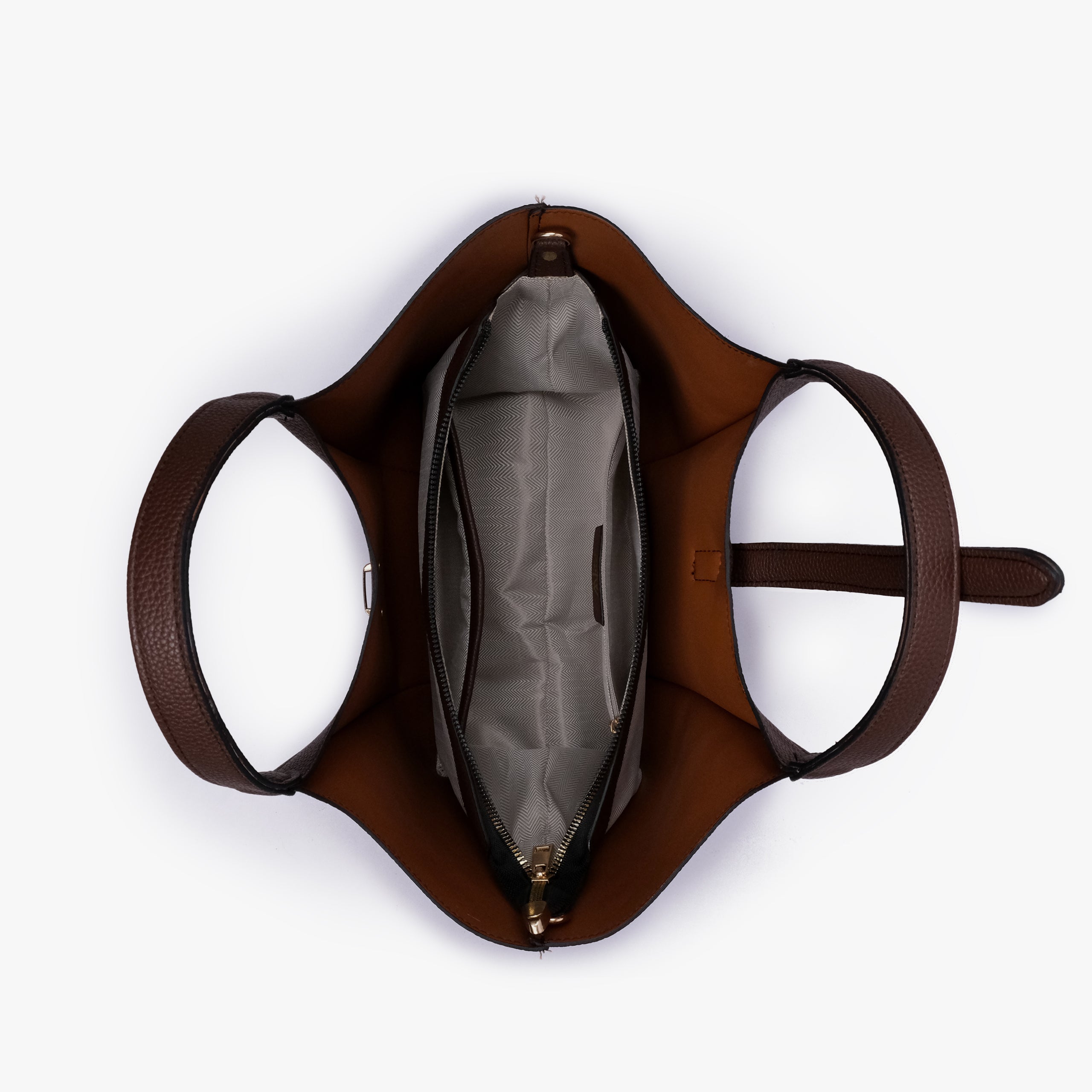 Interior of Dark brown scoop mini tote bag showing the central zippered compartment