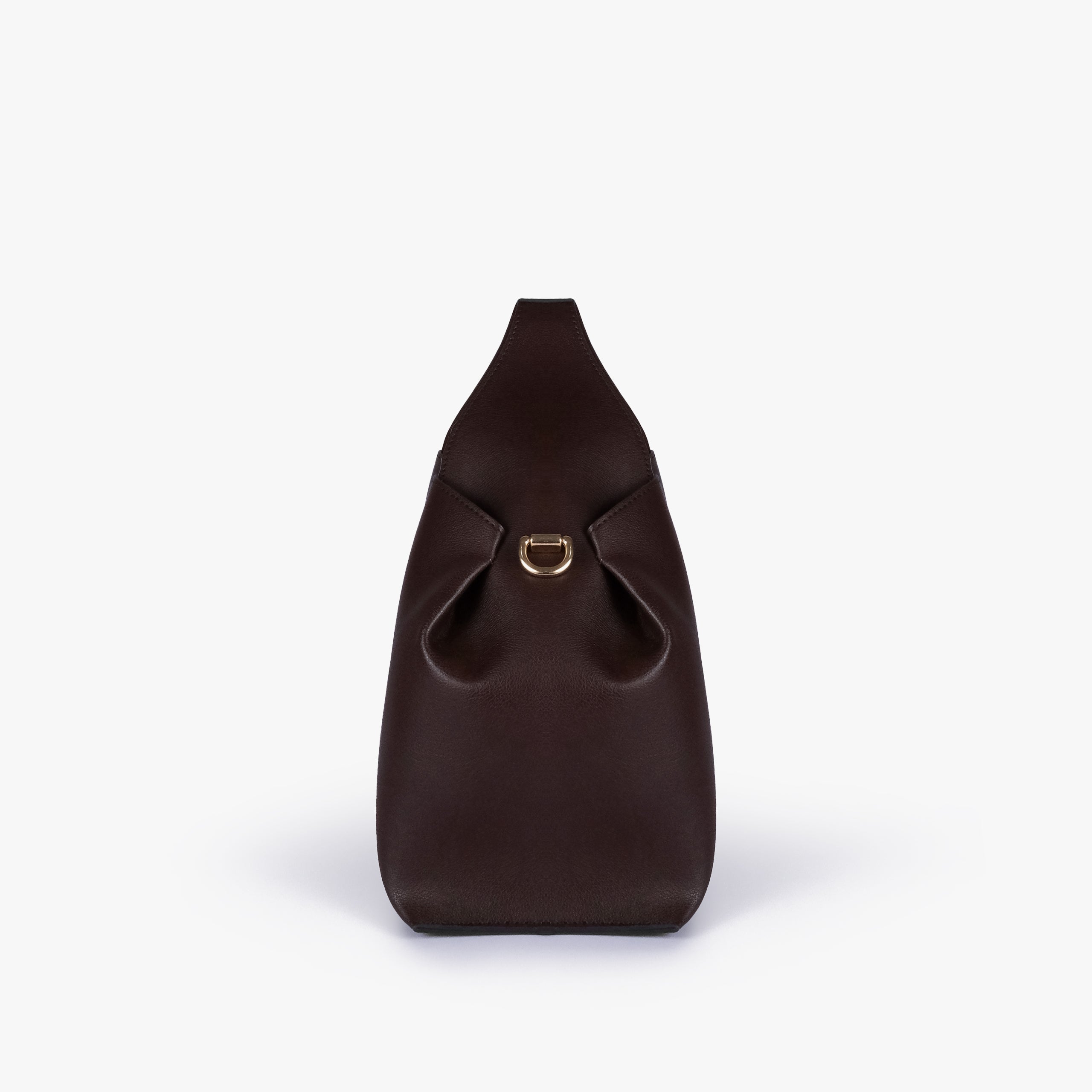 Side profile of Dark brown draped mini tote