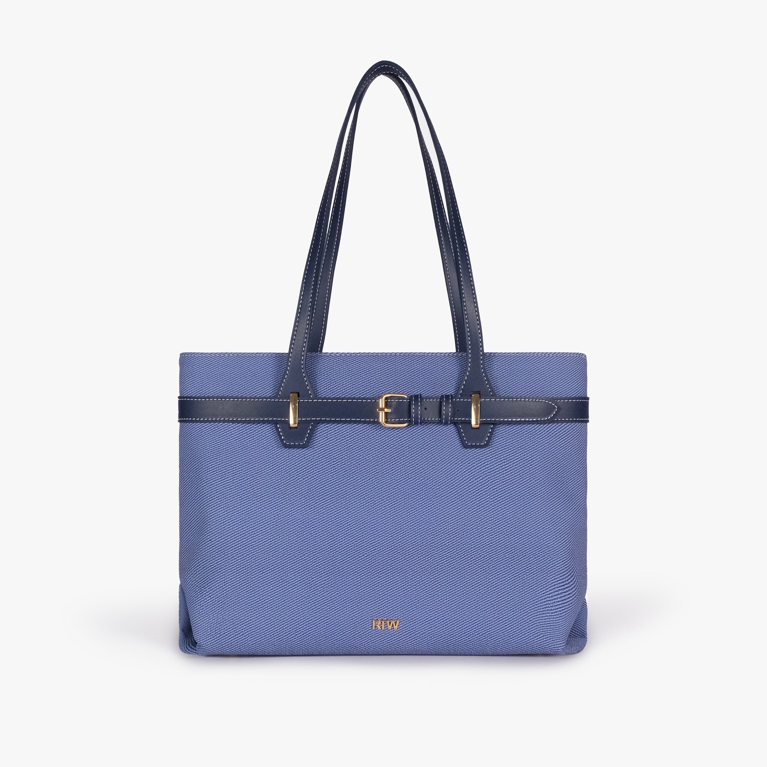 Navy belted tote bag — straight-on front view showing the horizontal belt detail, gold-tone buckle, RTW logo plaque, and textured body panel, blue-navy textured body with dark smooth faux-leather trim