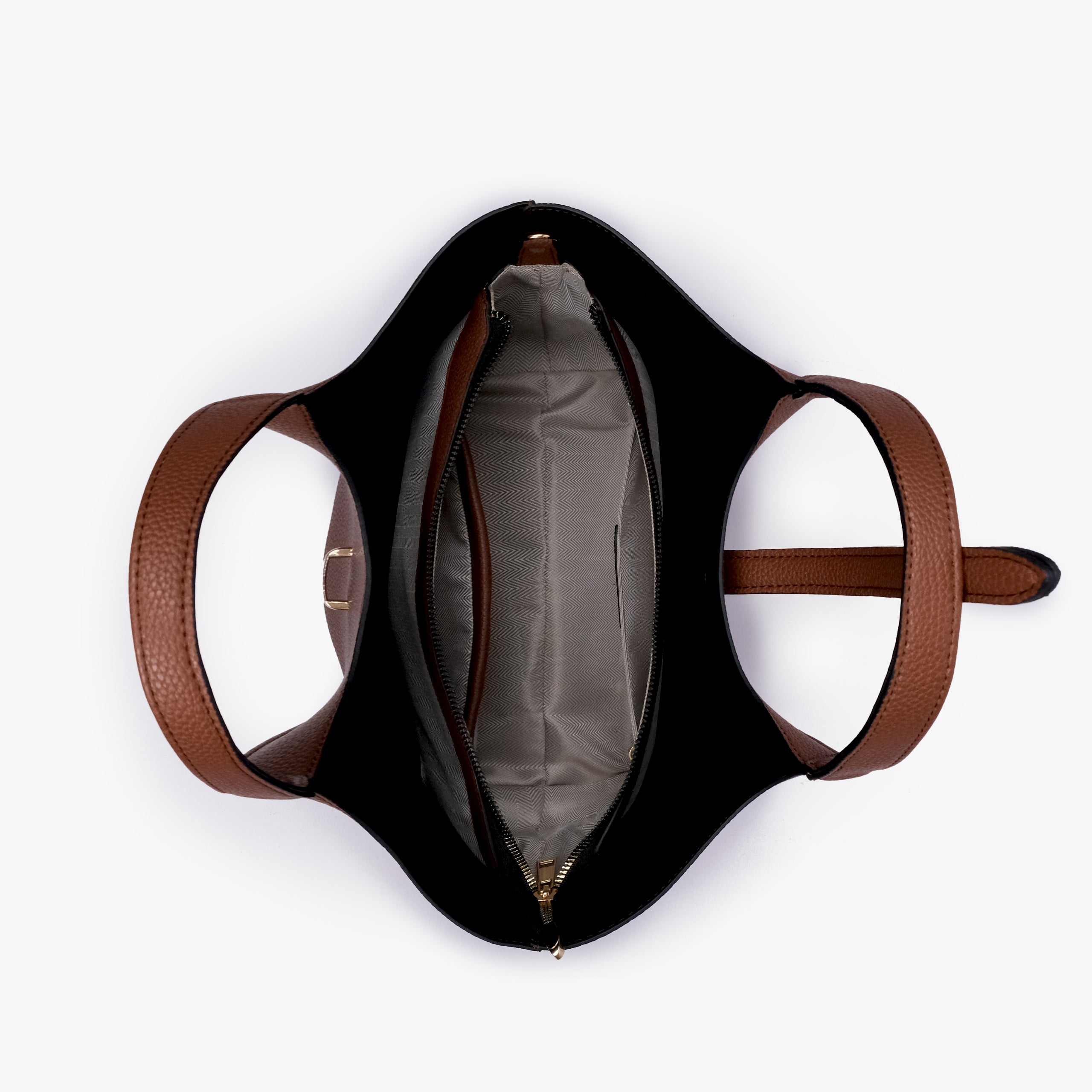 Interior of Brown scoop mini tote bag showing the central zippered compartment