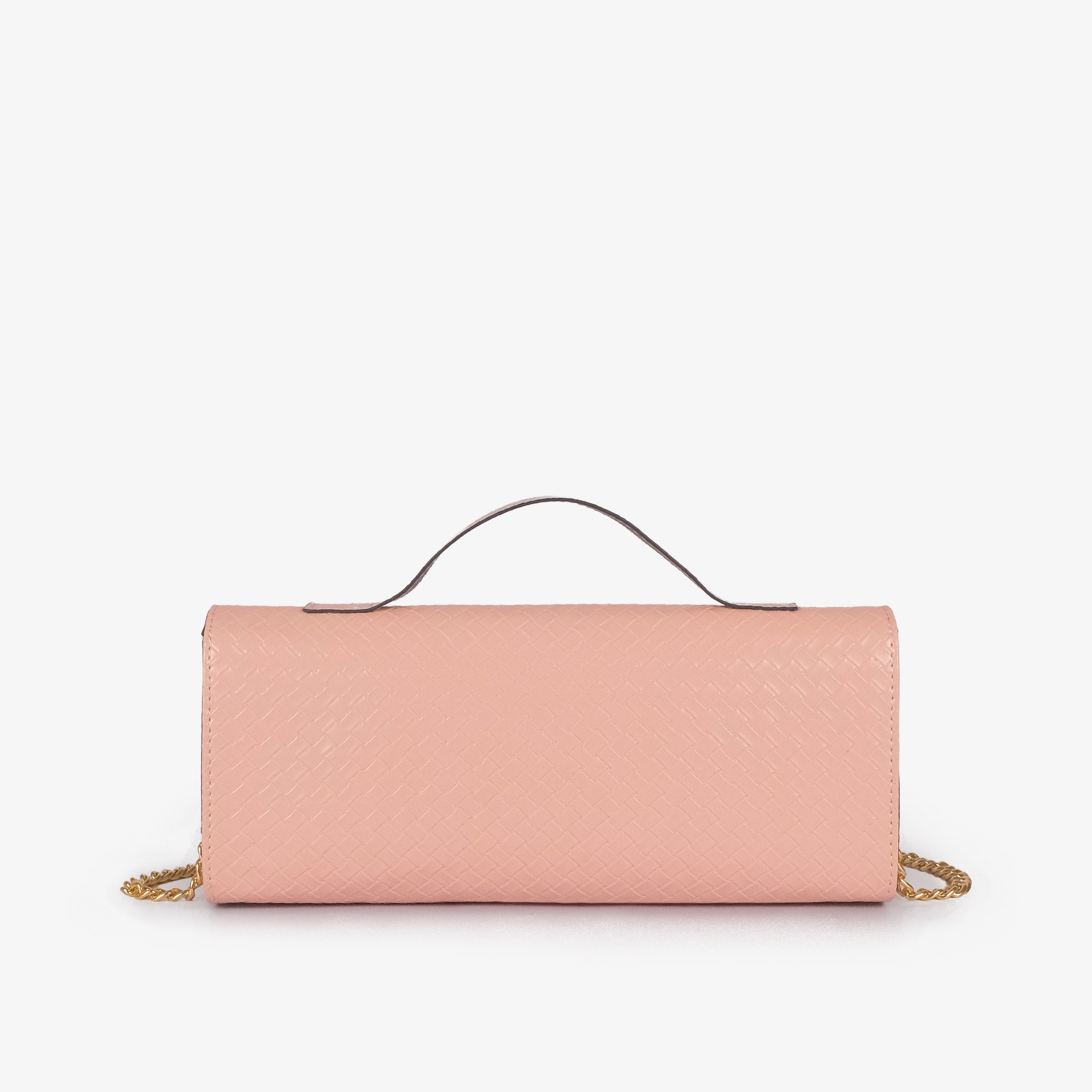 Blush peach woven weave clutch — back view showing full diamond-lattice weave coverage and dark brown top handle underside
