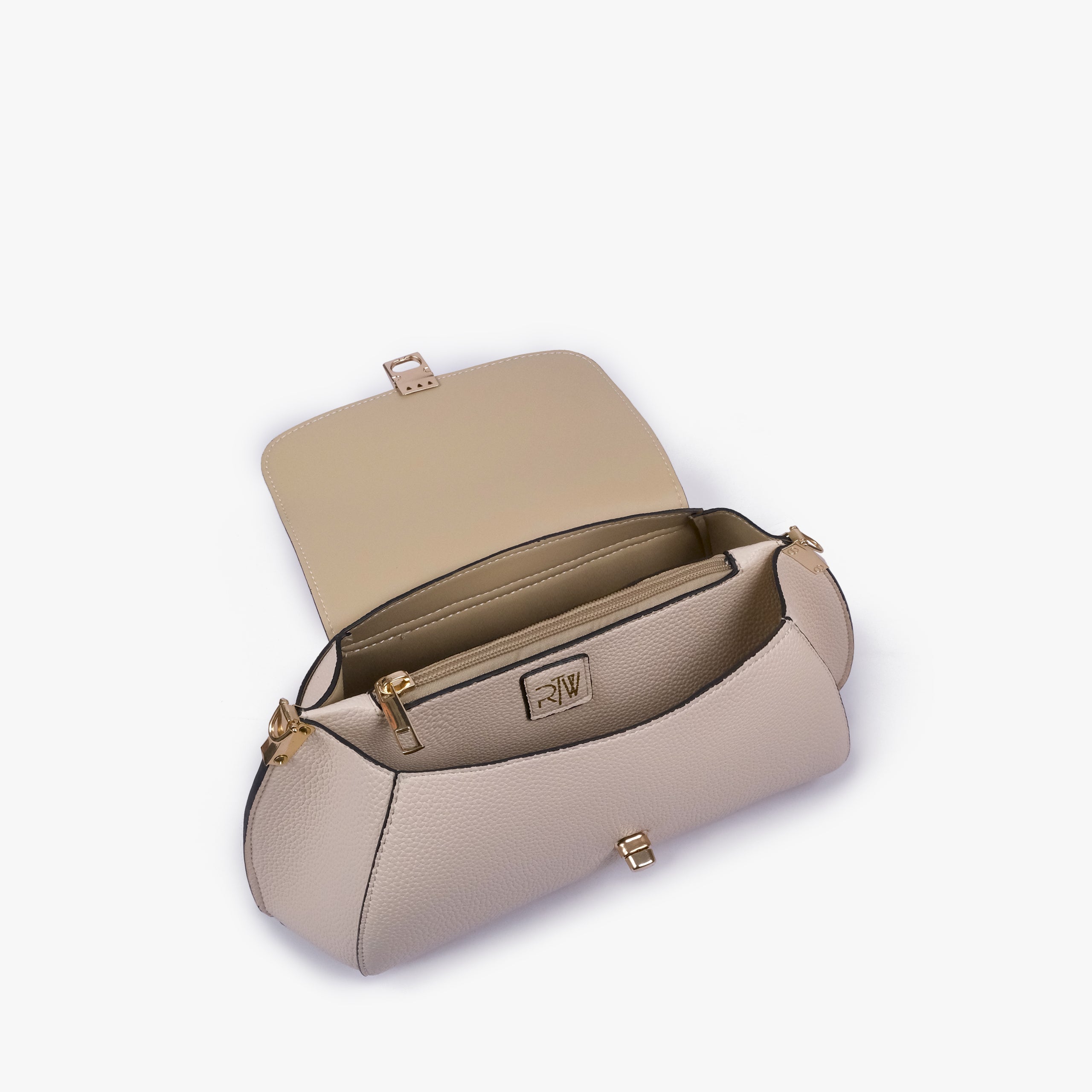 Interior of Off-white pebble baguette bag showing the zippered main compartment
