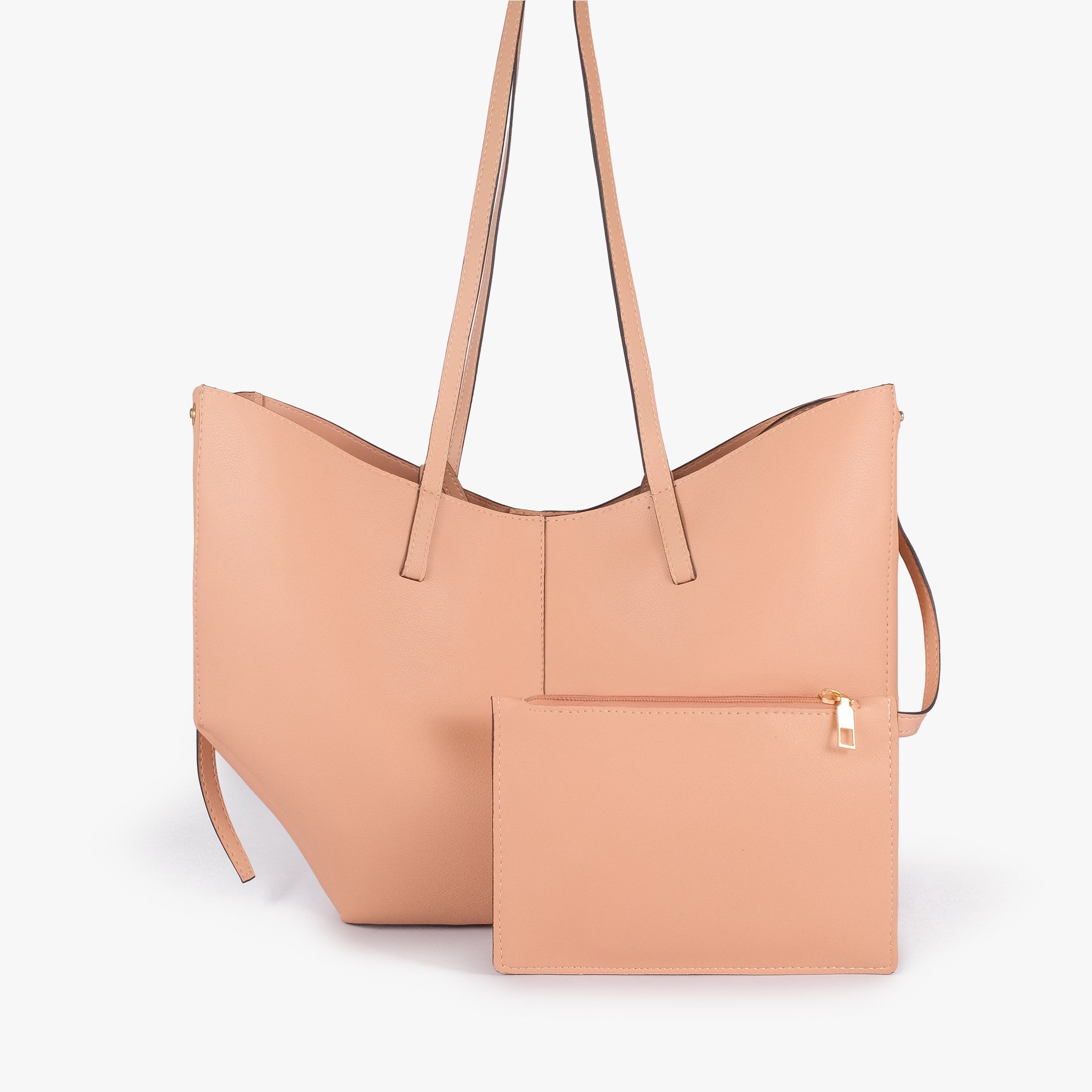 Peach atelier tote — back view with matching blush peach detachable zip pouch alongside, gold zipper