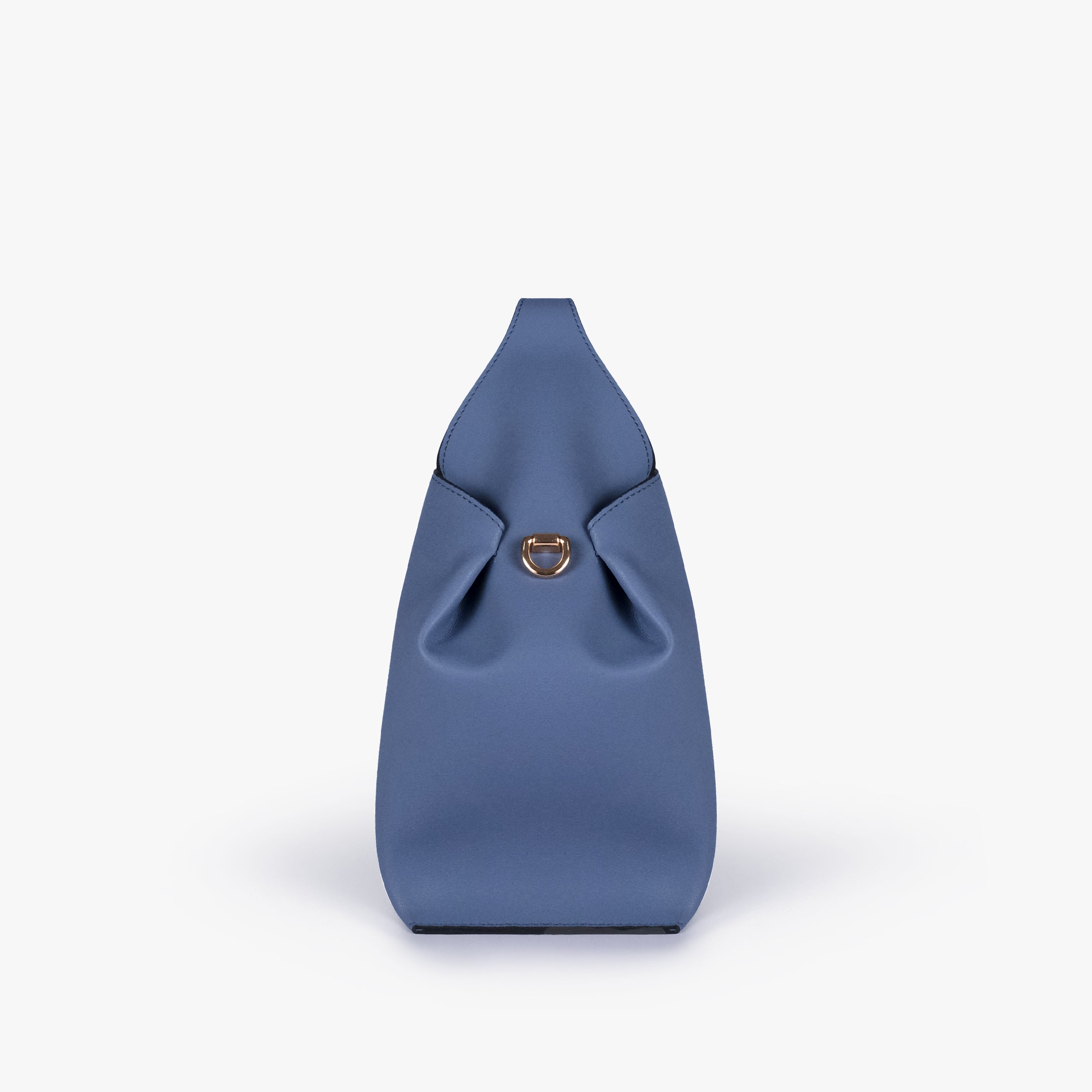 Side profile of Sky blue draped mini tote
