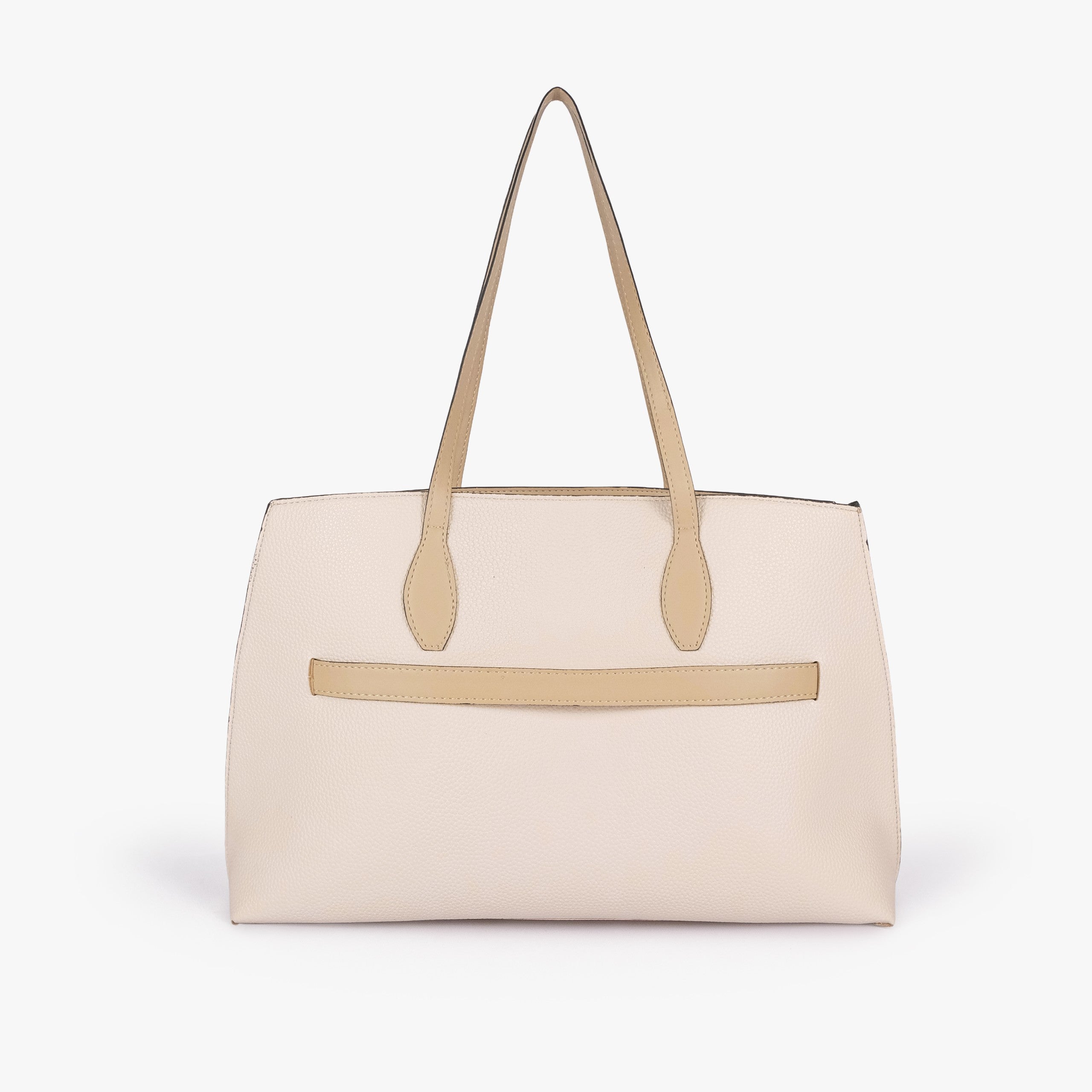 Off-white cream Monday Tote — back view showing horizontal tan smooth slip pocket across the middle panel, two handles up