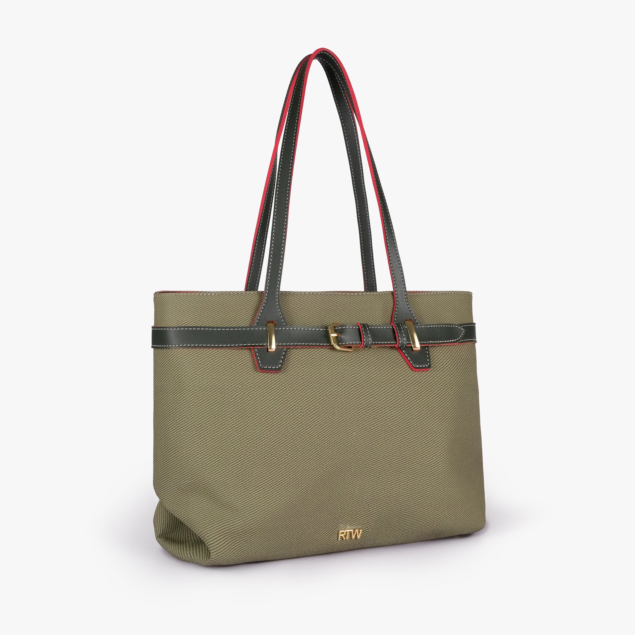 Olive belted tote bag — upright front three-quarter view showing the long shoulder handles, rectangular tote shape, textured body, and smooth trim, olive green textured body with dark smooth faux-leather trim with red accent edging