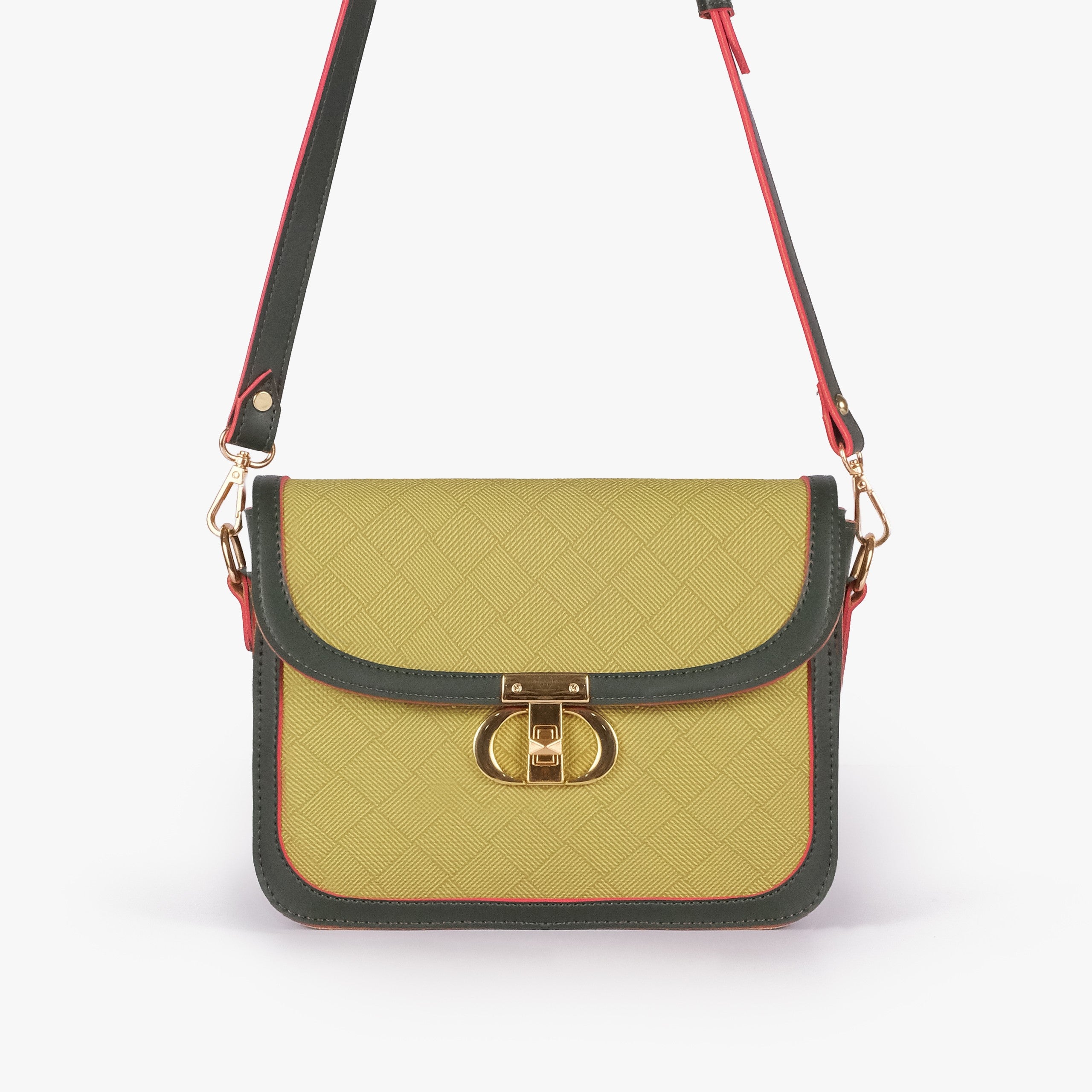 Olive contrast cross-body bag — front view with strap overhead, cross-body carry position