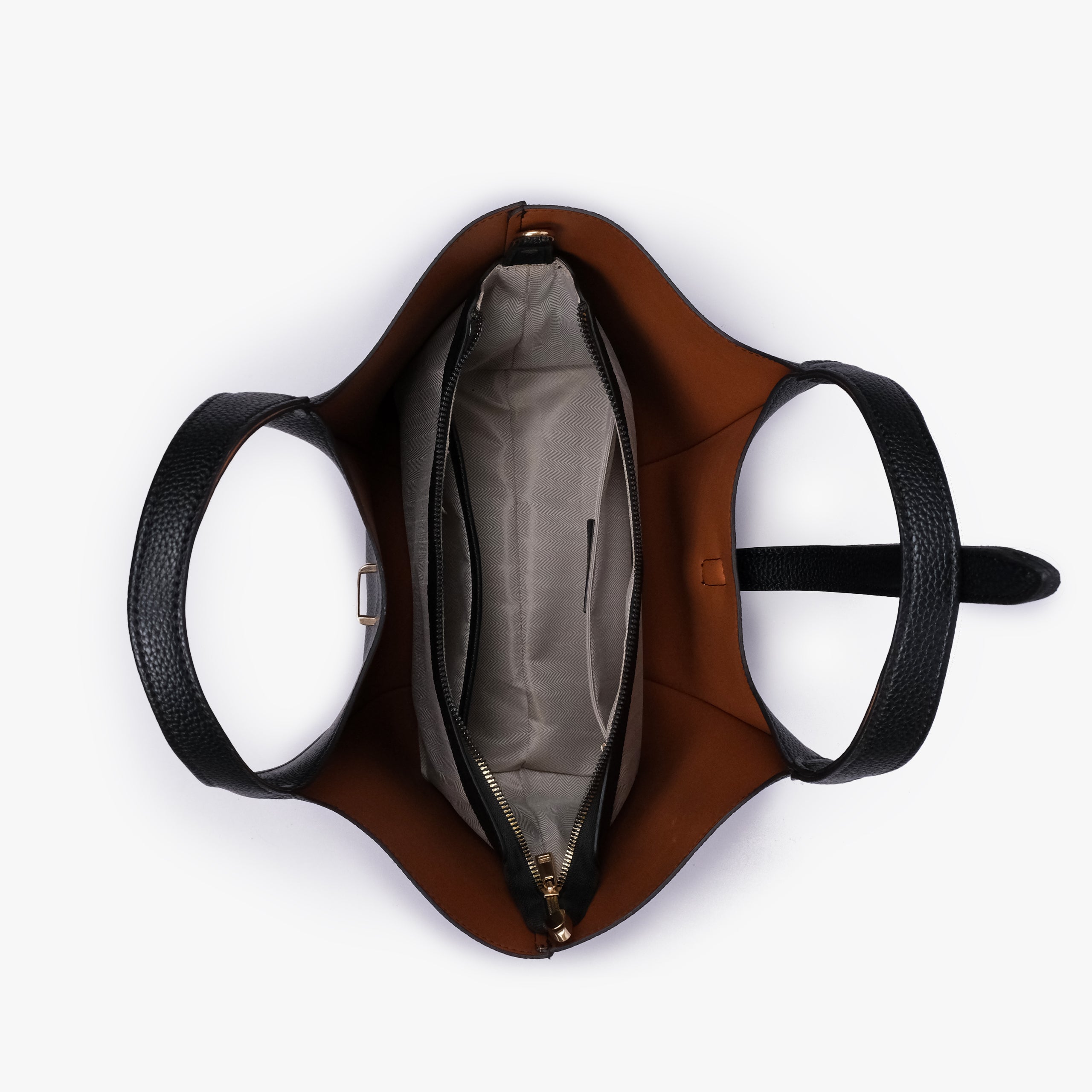 Interior of Black scoop mini tote bag showing the central zippered compartment