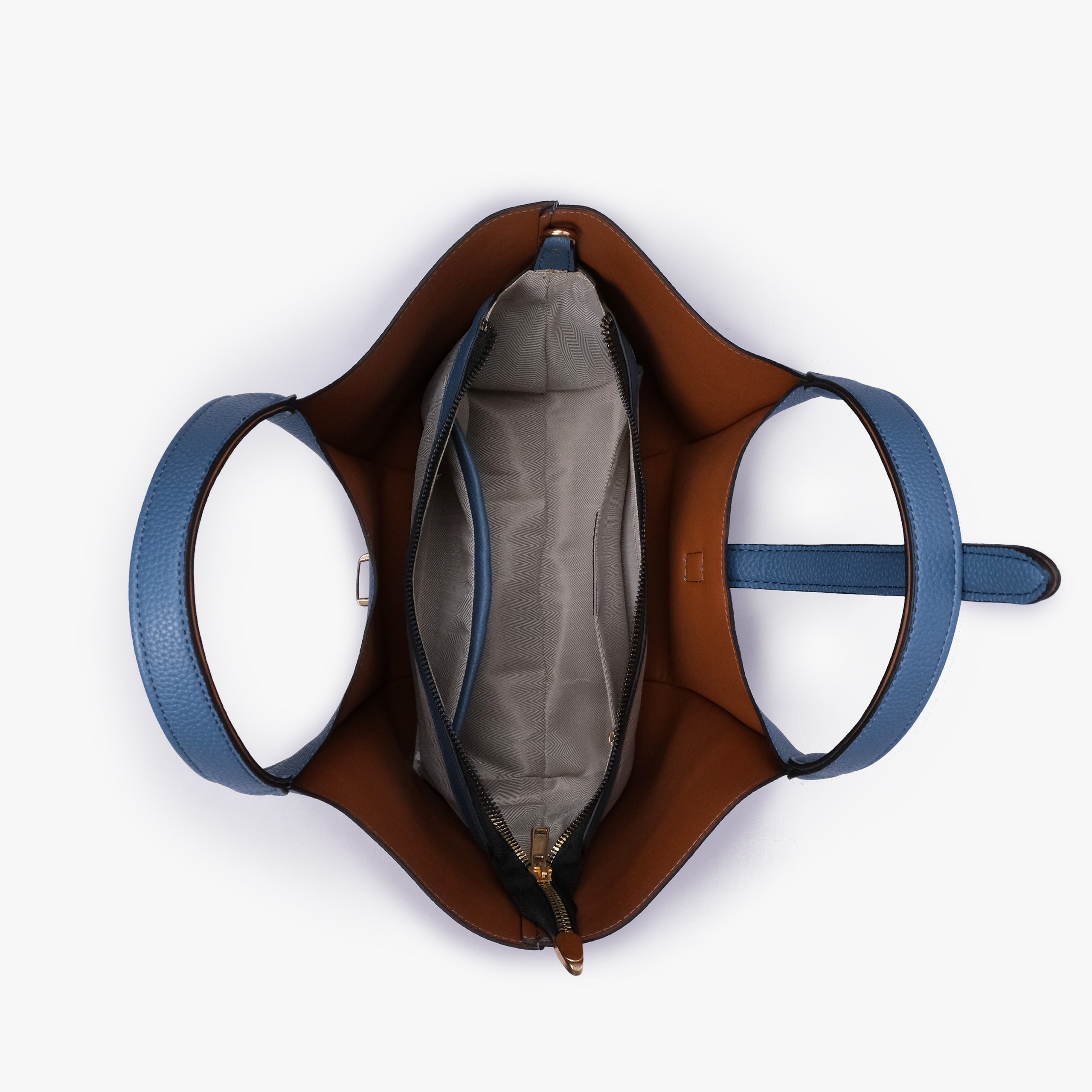 Interior of Blue scoop mini tote bag showing the central zippered compartment