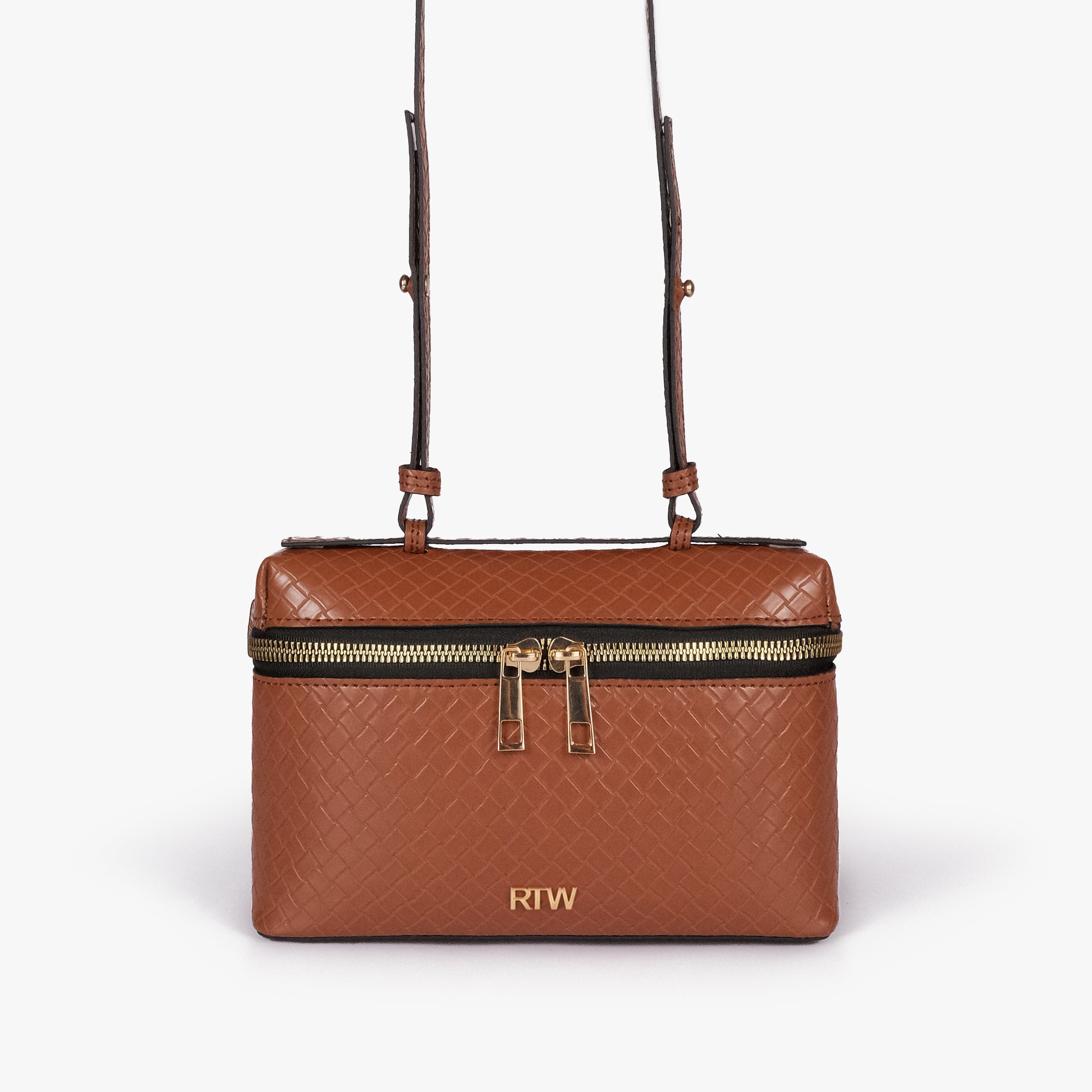 Terracotta weave vanity top-handle bag — front straight-on view showing the diamond-quilted vanity body, short top handle, long strap, wraparound zipper, and small front logo mark