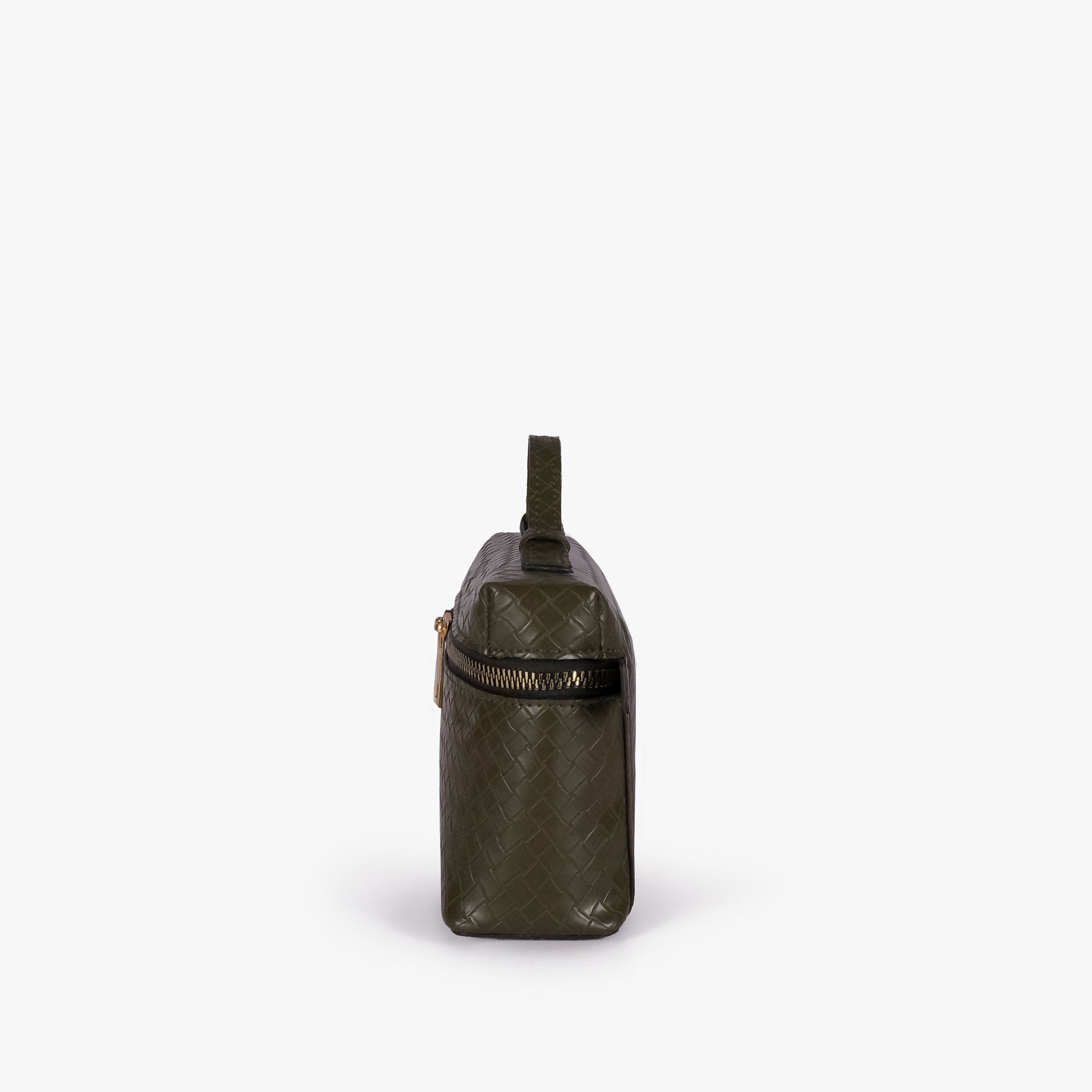 Olive green weave vanity top-handle bag — side profile showing the structured depth, wraparound zipper band near the top, side attachment tab, and long strap