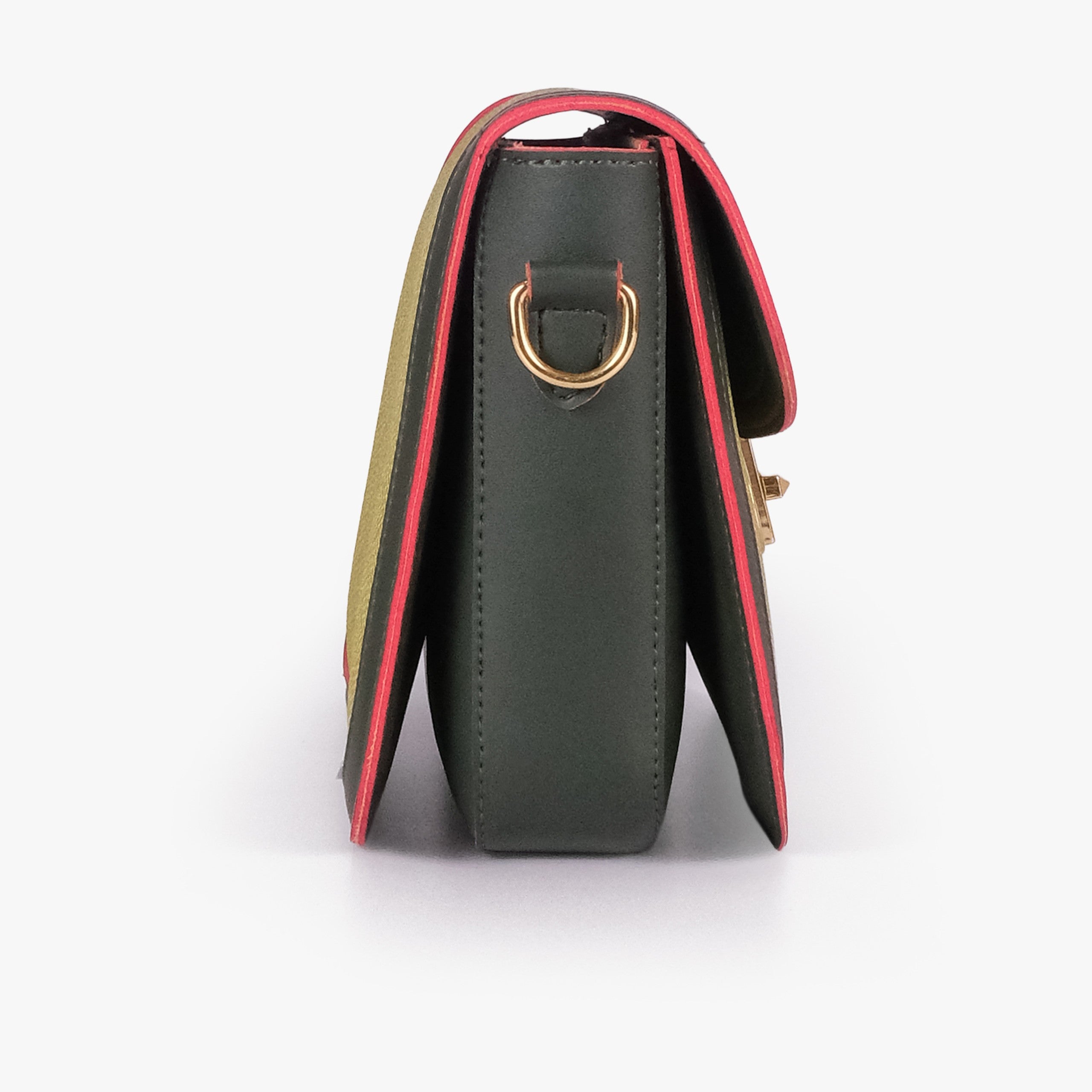 Olive contrast cross-body bag — side profile showing slim gusset and gold D-ring on dark green trim