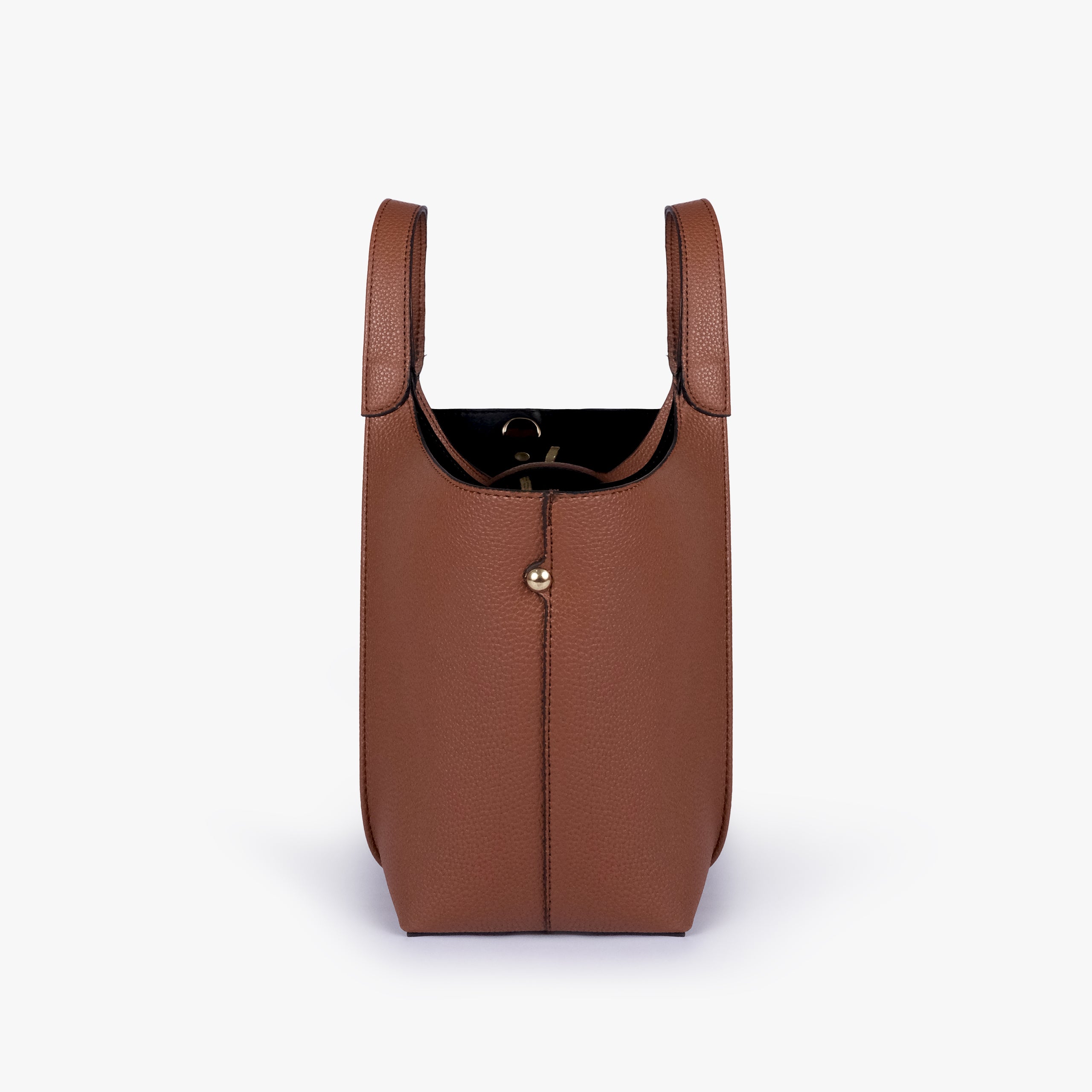 Side profile of Brown scoop mini tote bag