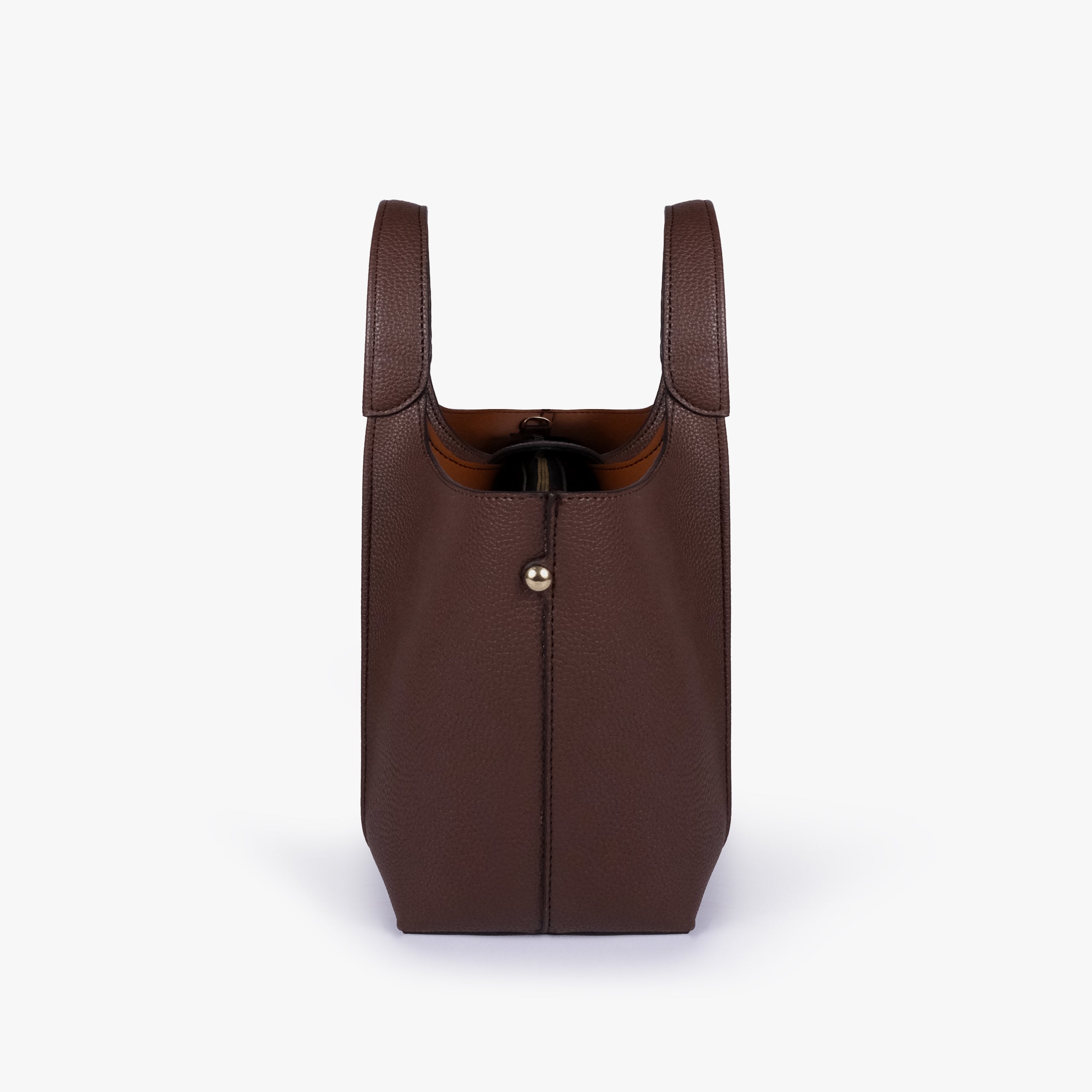 Side profile of Dark brown scoop mini tote bag
