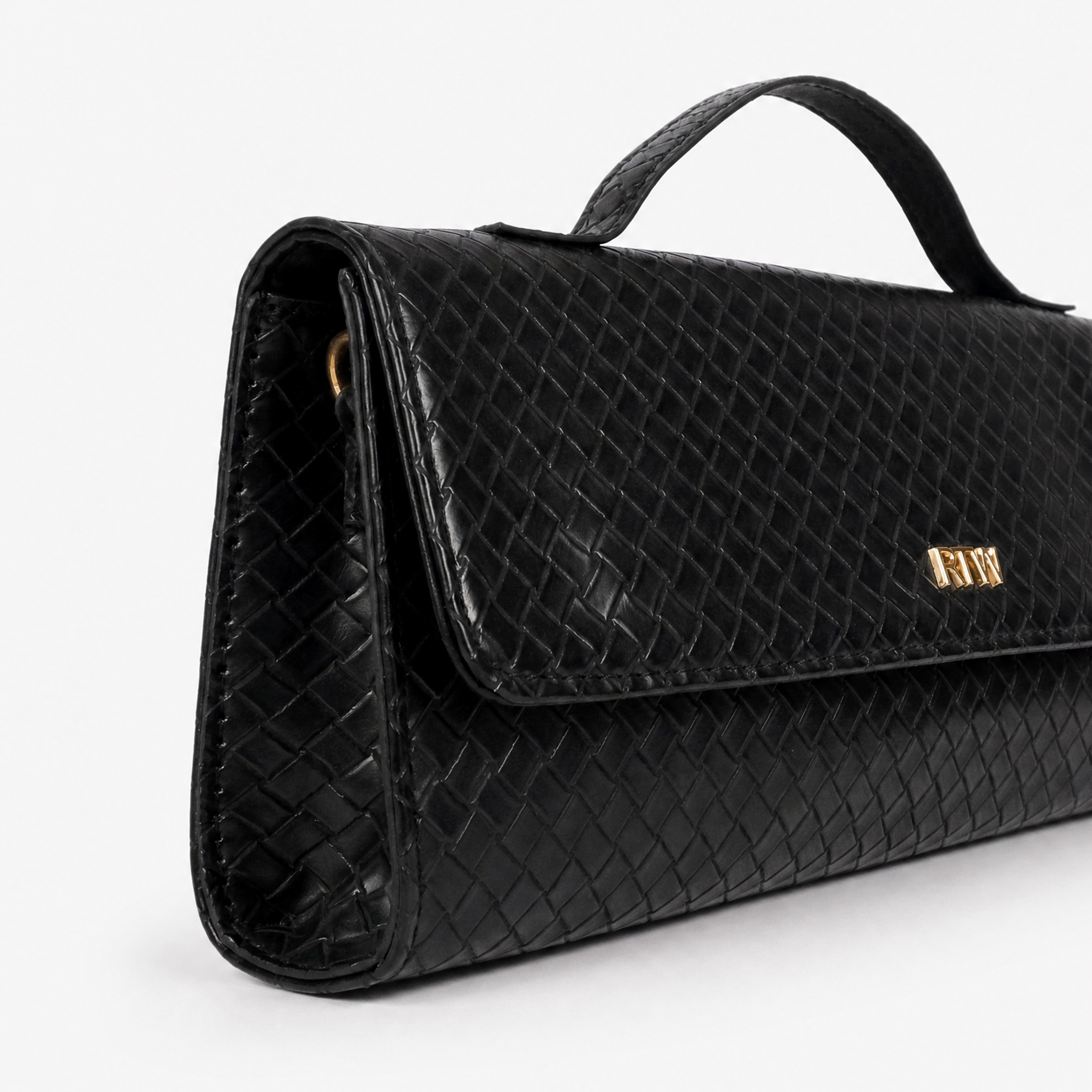 Woven black weave clutch — closeup of diamond-lattice weave texture and gold RTW logo plate