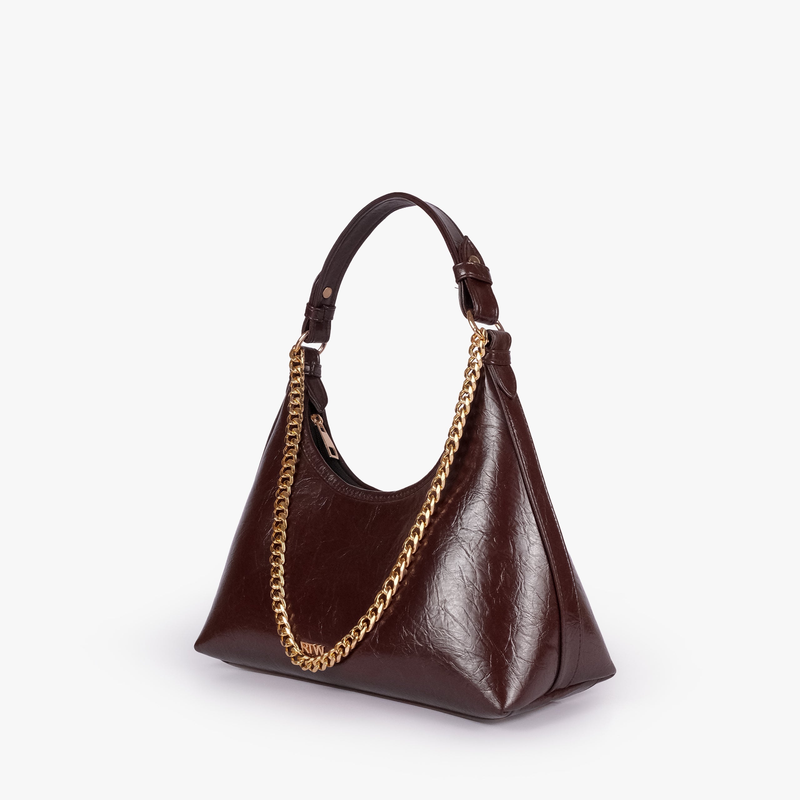 Dark brown crinkle crescent hobo — 3/4 view showing the curved hobo silhouette, shoulder handle, and front chain detail