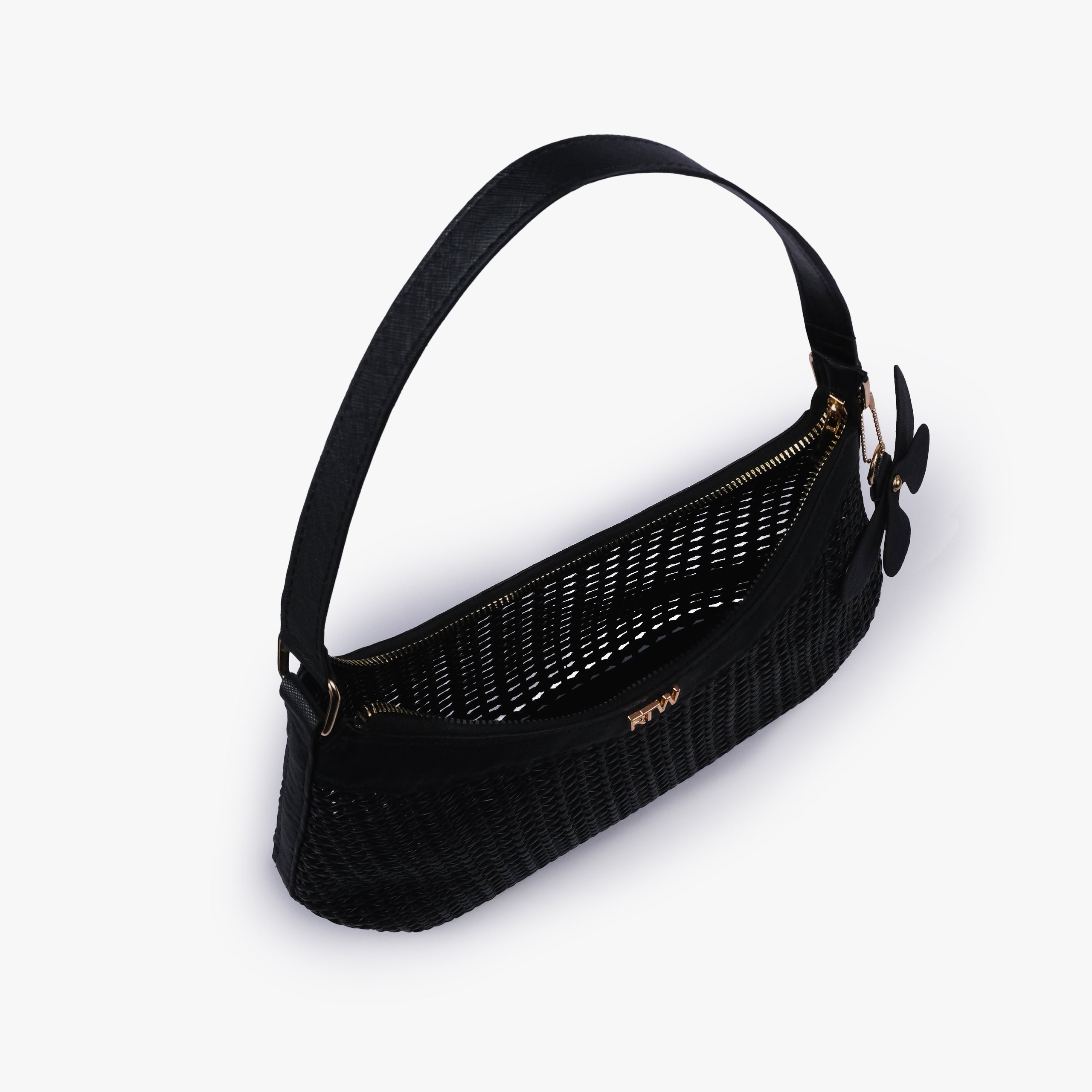 Lined interior and zip-top opening of Black woven shoulder bag