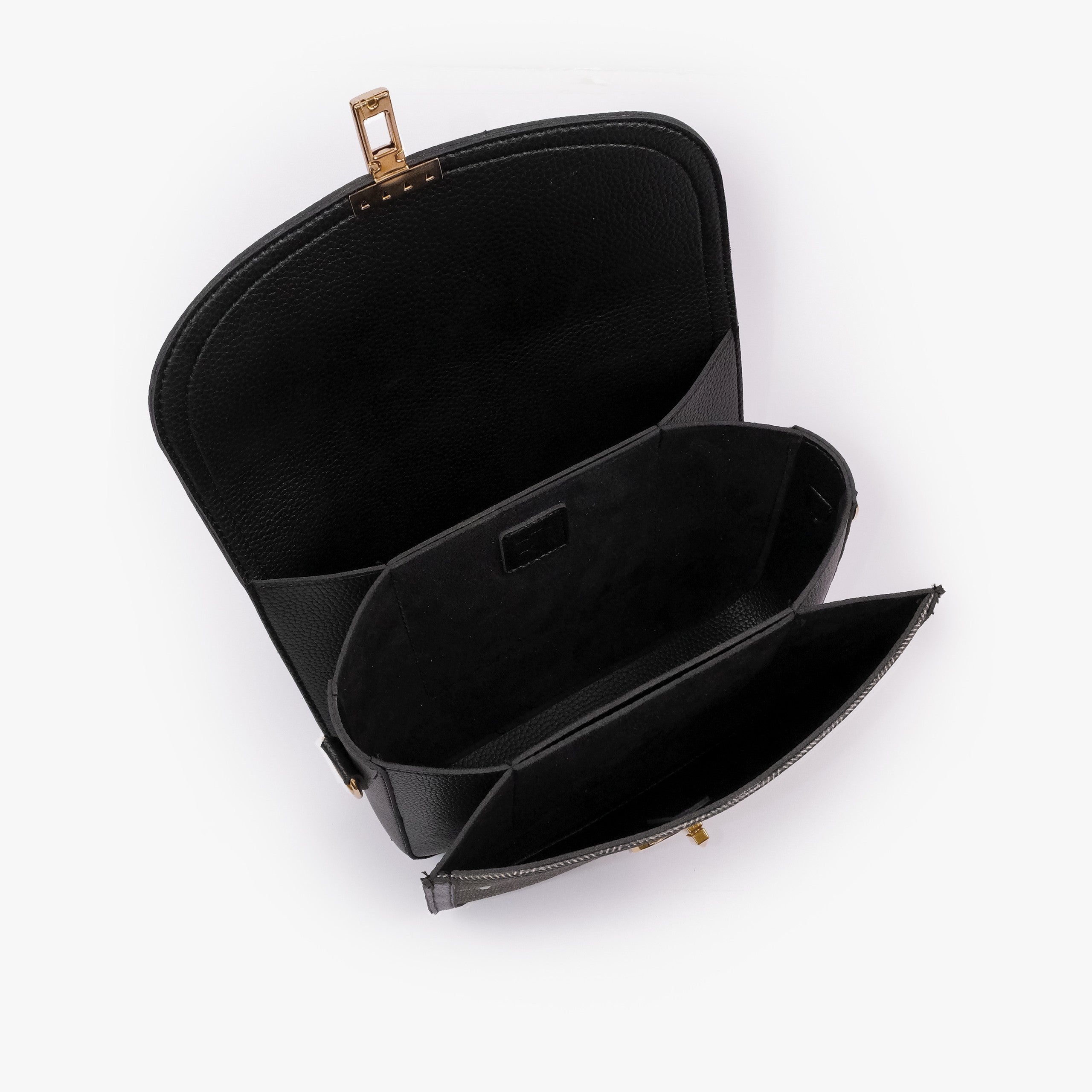 Charcoal contrast cross-body bag — interior open top-down, black suede-feel lining, two compartments, center divider with slip pocket