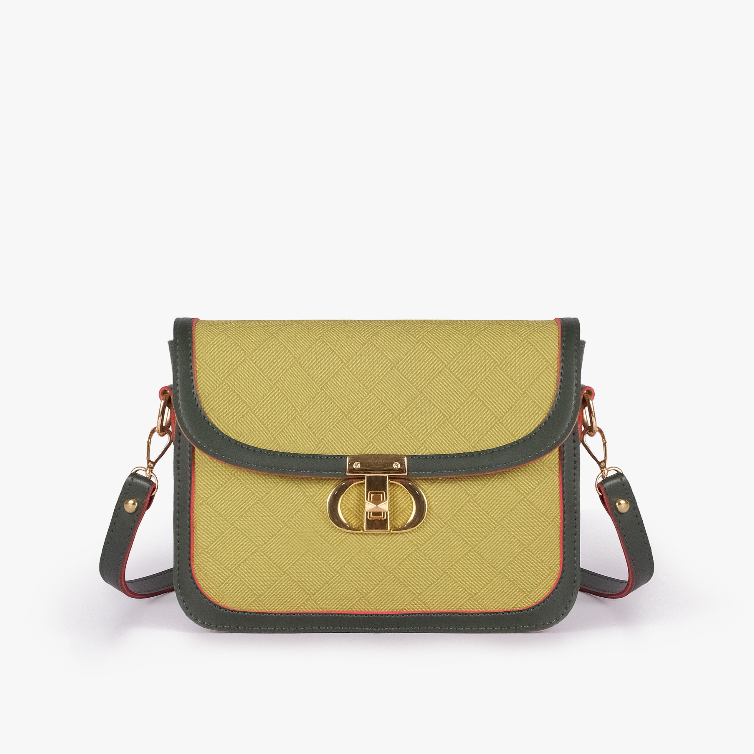 Olive contrast cross-body bag — front straight-on with forest-green strap horizontal across chartreuse panel