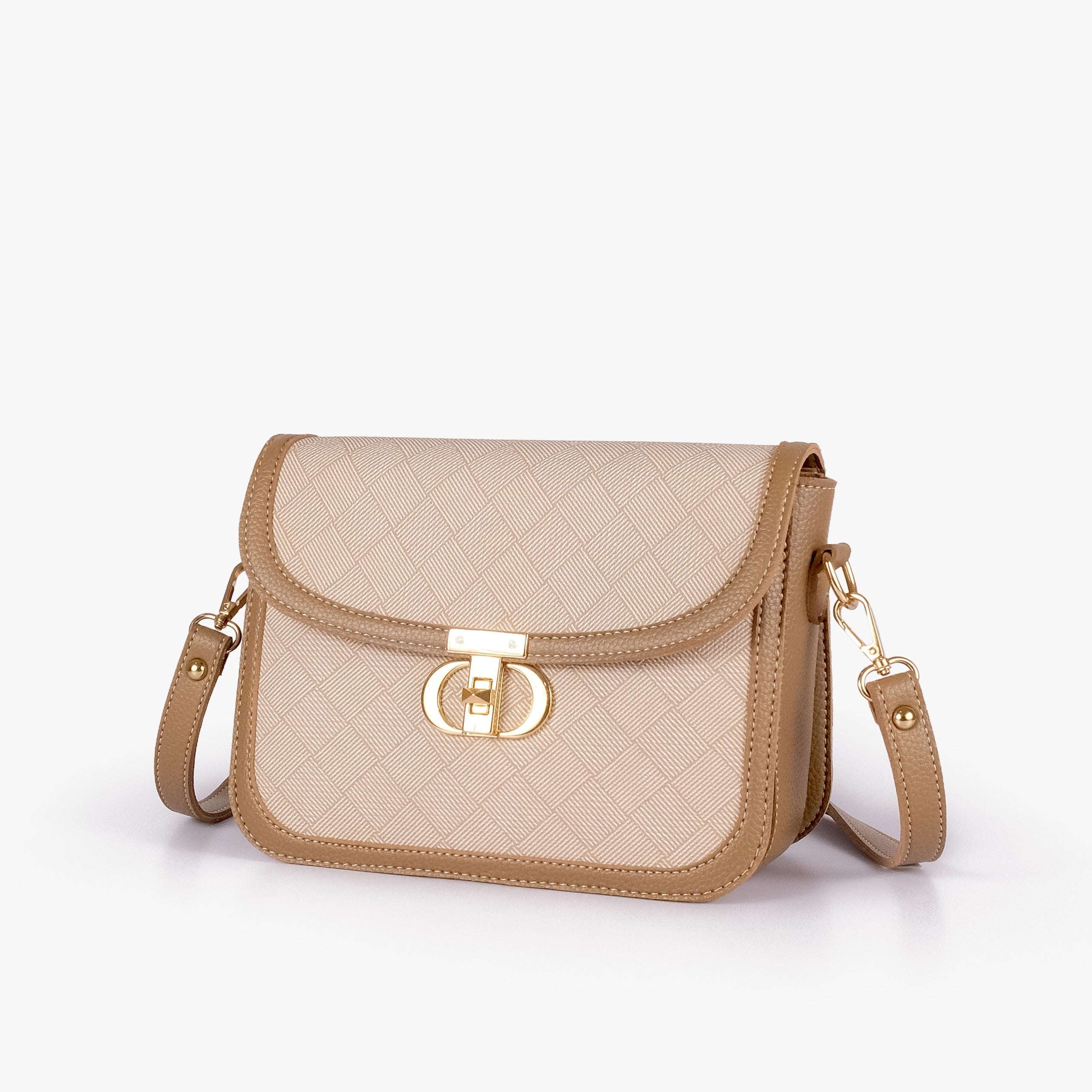 Wheat contrast cross-body bag — hero 3/4 view, pale cream box-texture panel, warm camel pebbled trim, gold CD twist-lock rockstud and strap