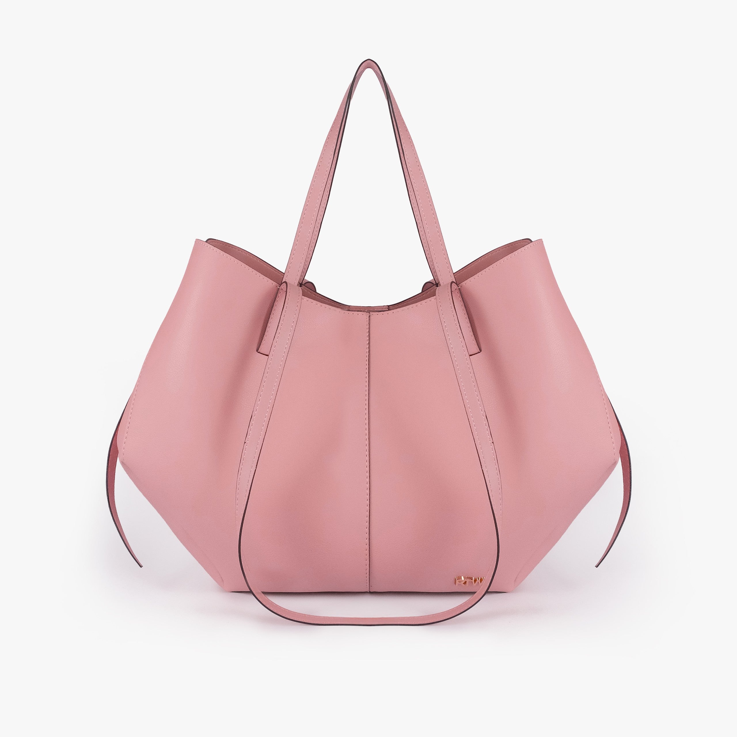 Pink atelier tote — front straight-on view showing wing-cut origami silhouette, center seam, side cinch ties hanging, gold RTW logo lower center