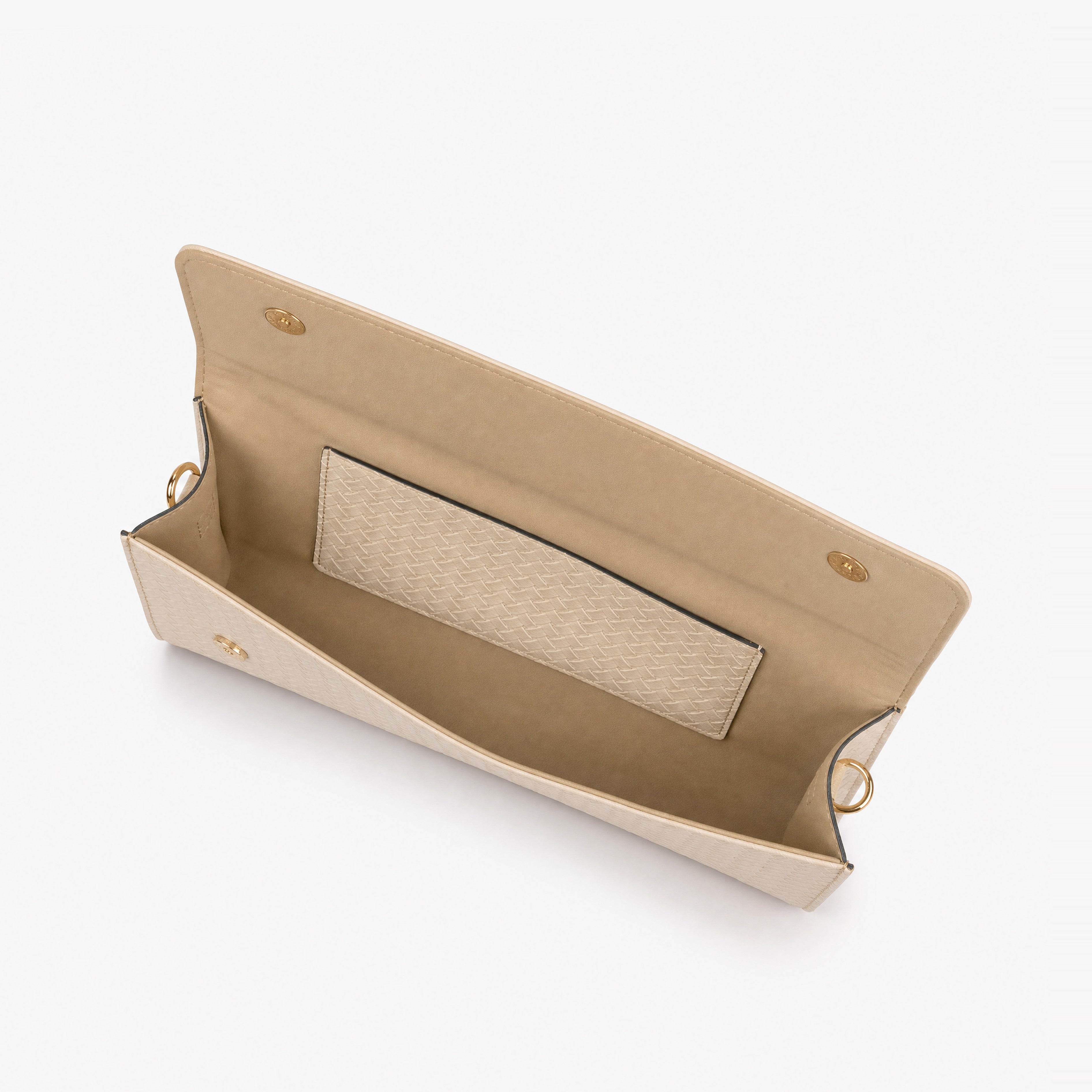 Pale woven cream weave clutch — interior open view with smooth sand-toned faux leather lining and woven slip pocket