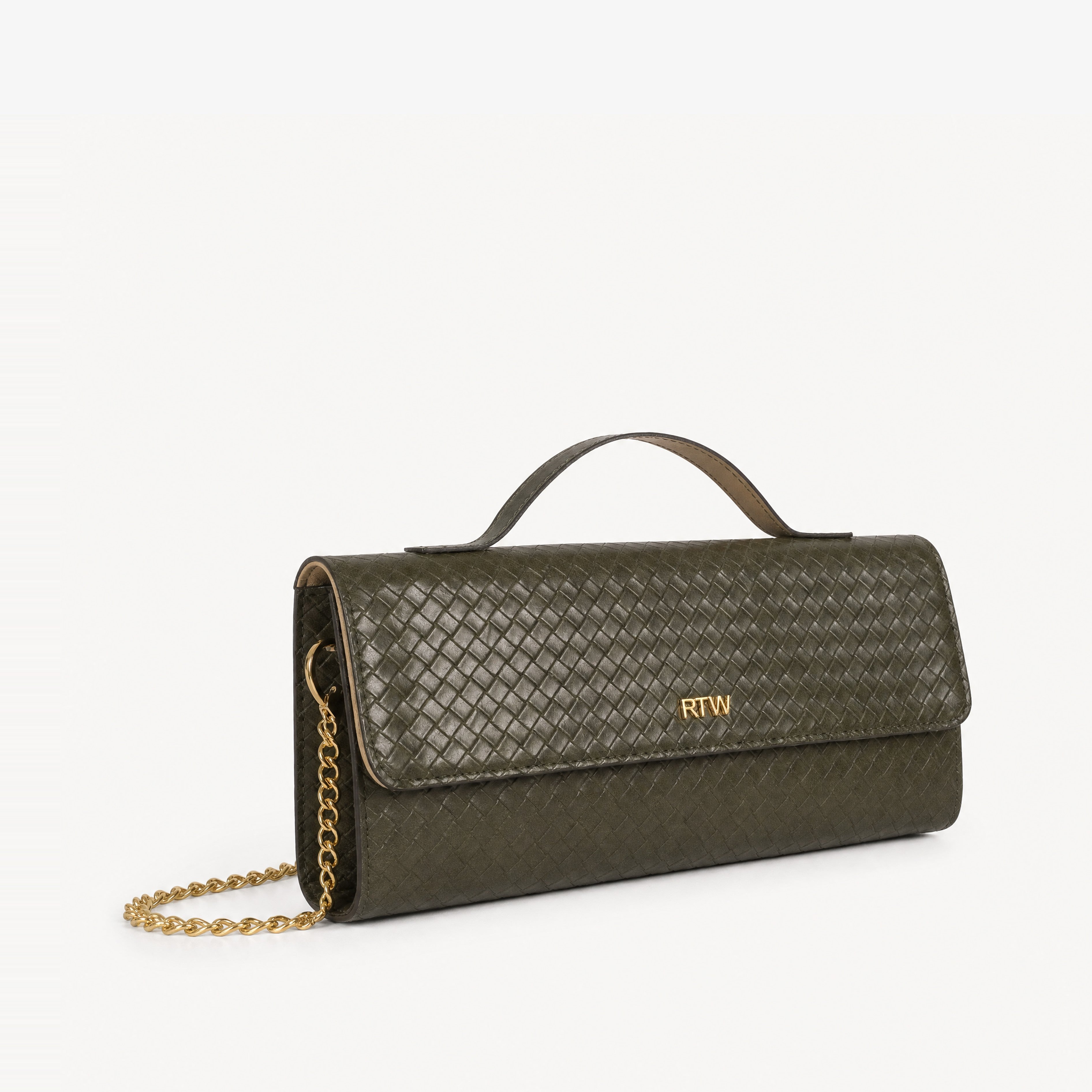 Dark olive woven weave clutch with gold chain — front view showing weave pattern and RTW logo