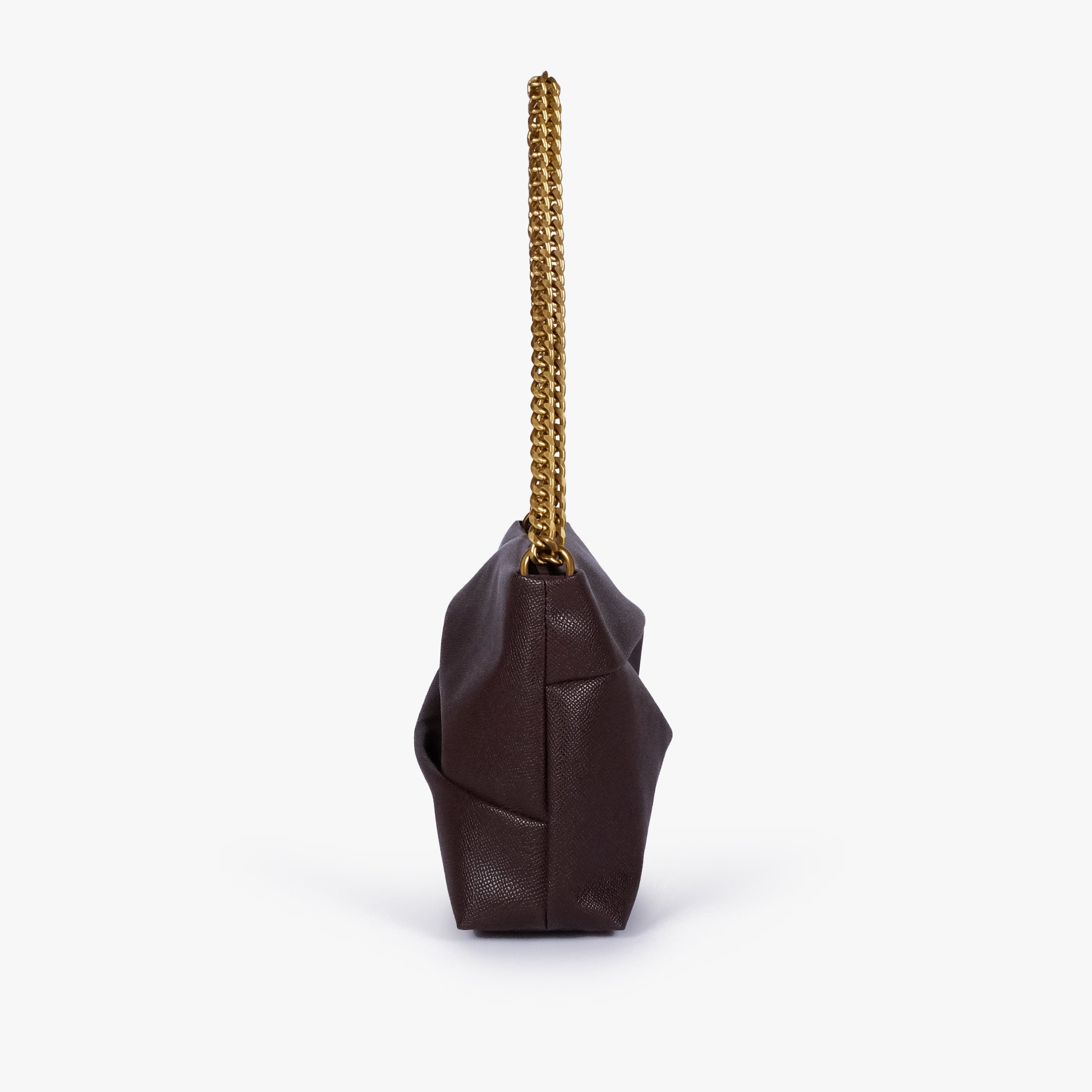 Dark brown pleated clutch bag with chain — side profile showing the narrow gusset, chain attachment and folded panel construction, deep espresso brown