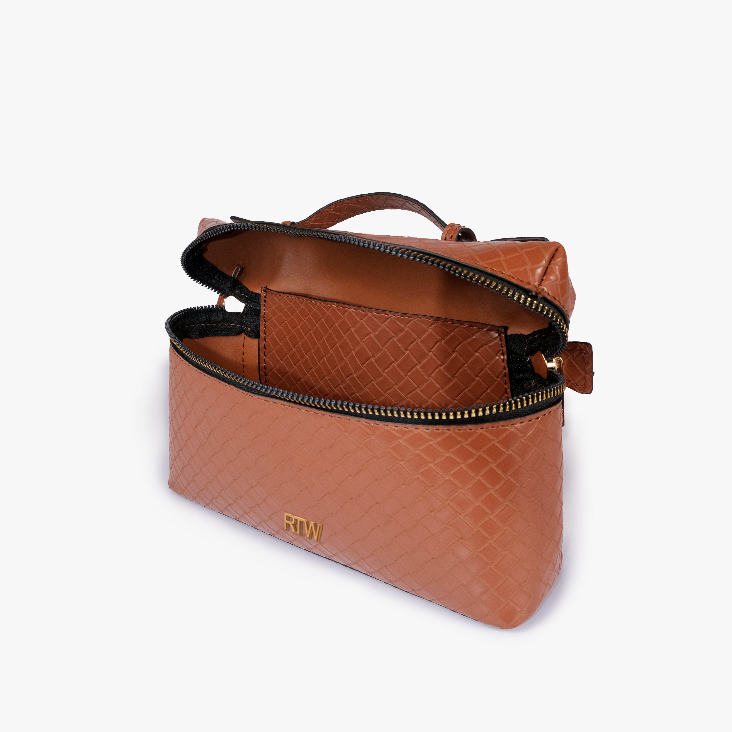 Terracotta weave vanity top-handle bag — interior open view showing the lid lifted upward, zip-around opening, and lined single main compartment