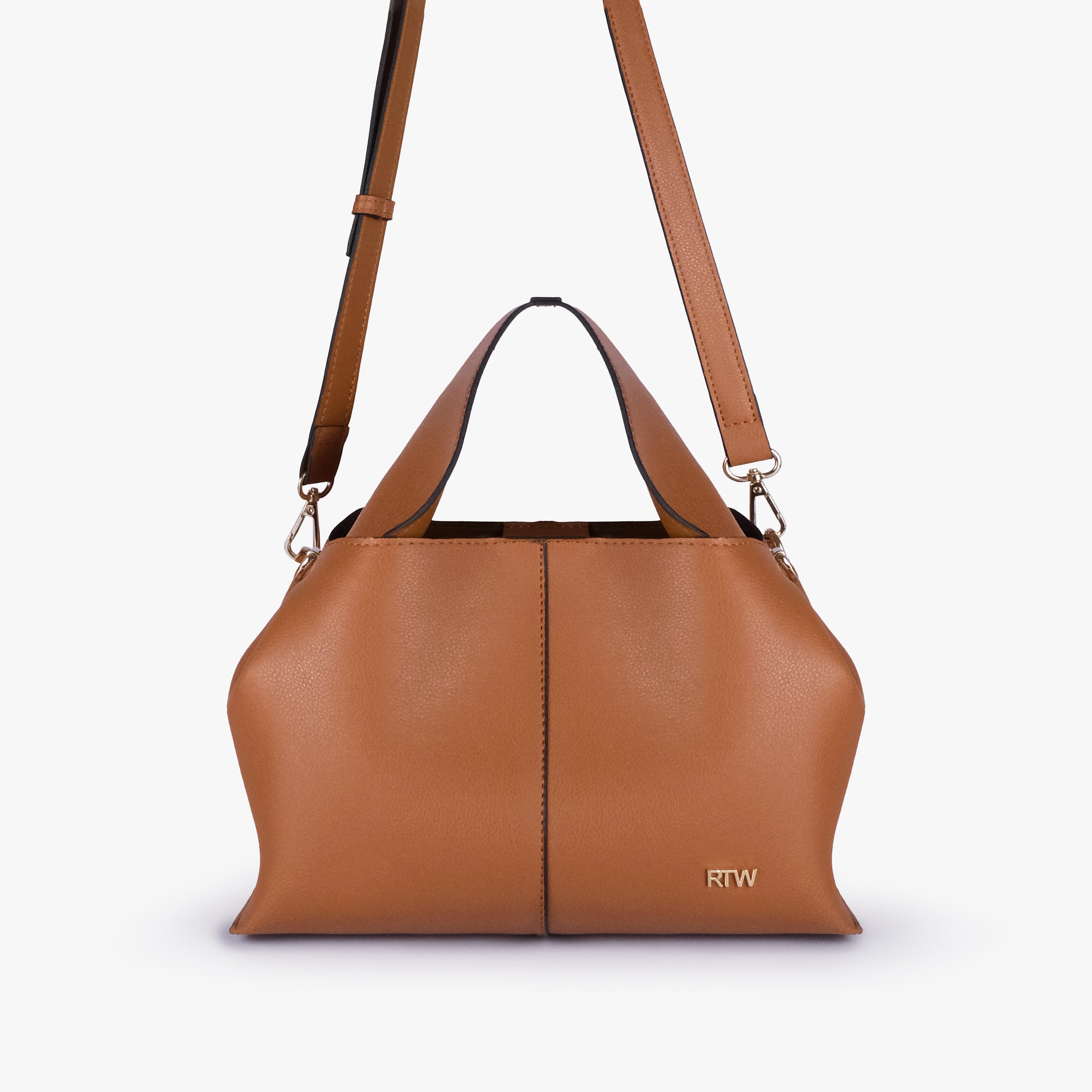 Front view of Tan draped mini tote with detachable shoulder strap
