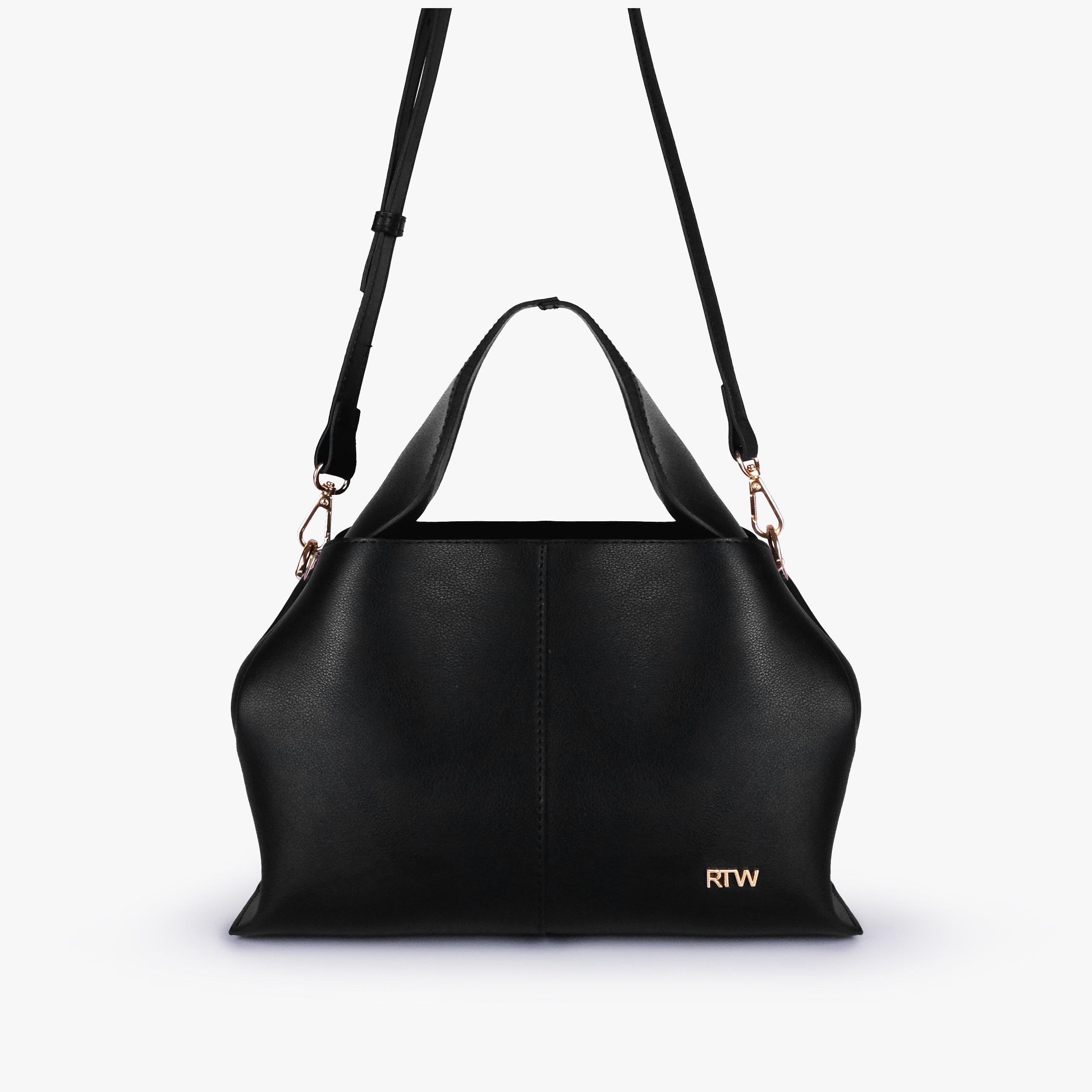Front view of Black draped mini tote with detachable shoulder strap