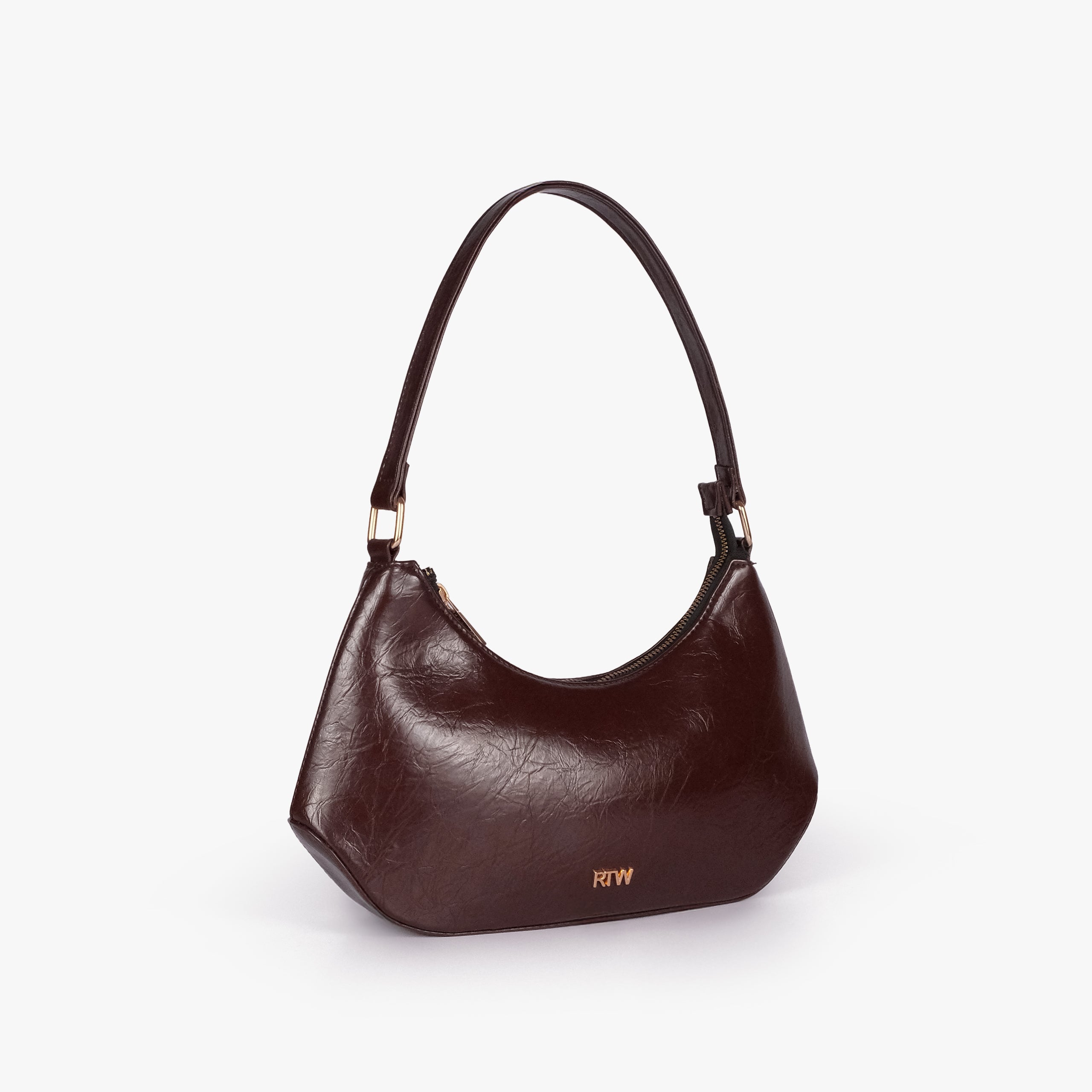 Dark brown crinkle shoulder bag — 3/4 view showing the bag depth, slouchy curved shape, and shoulder handle